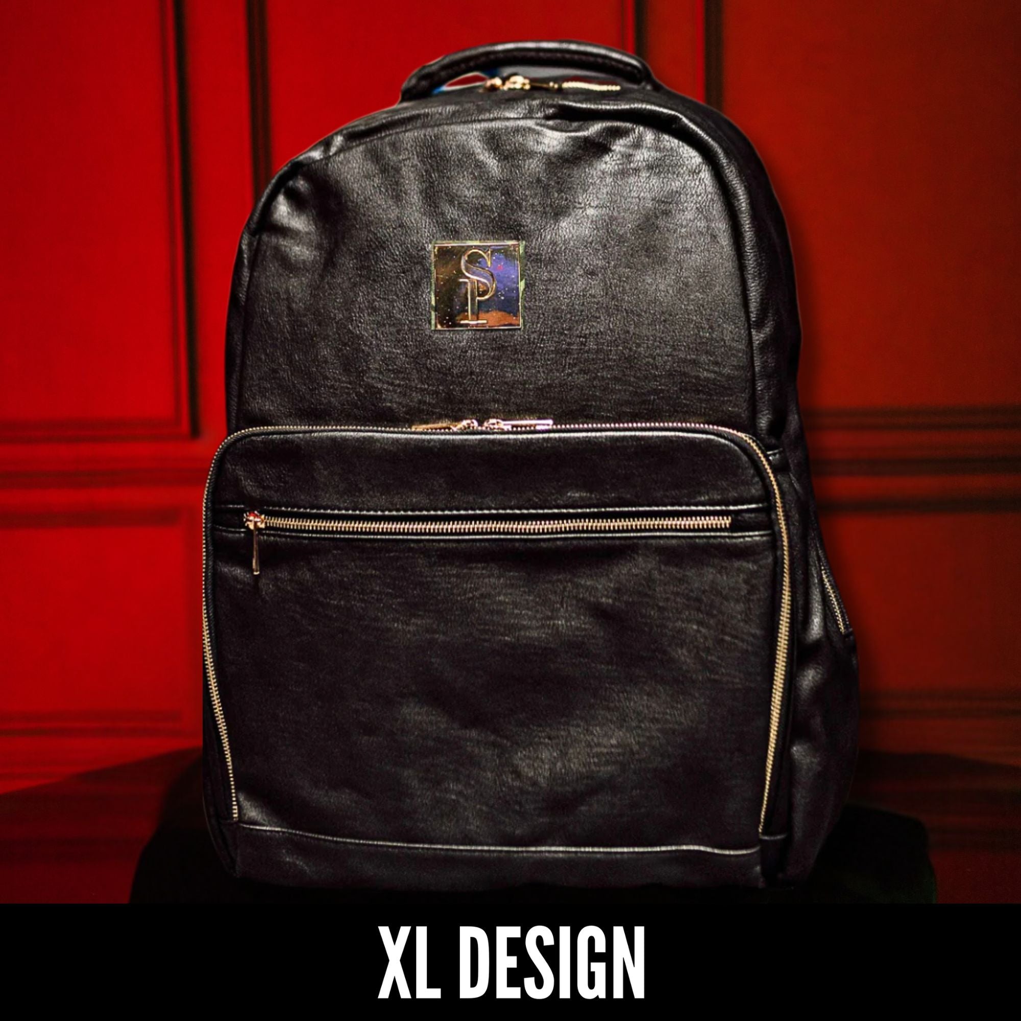 Black backpack with a logo on a red background