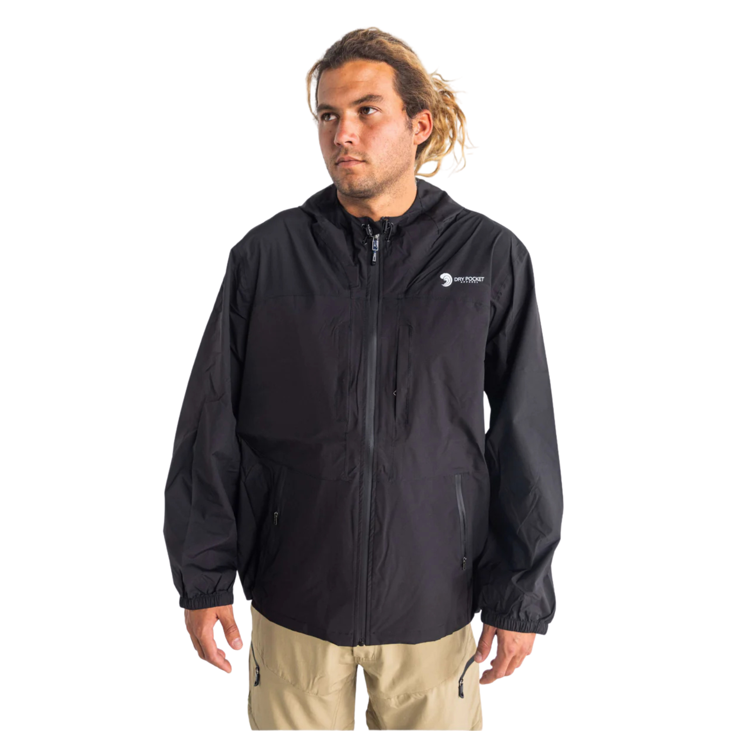Man wearing a black jacket with a visible brand logo on a white background