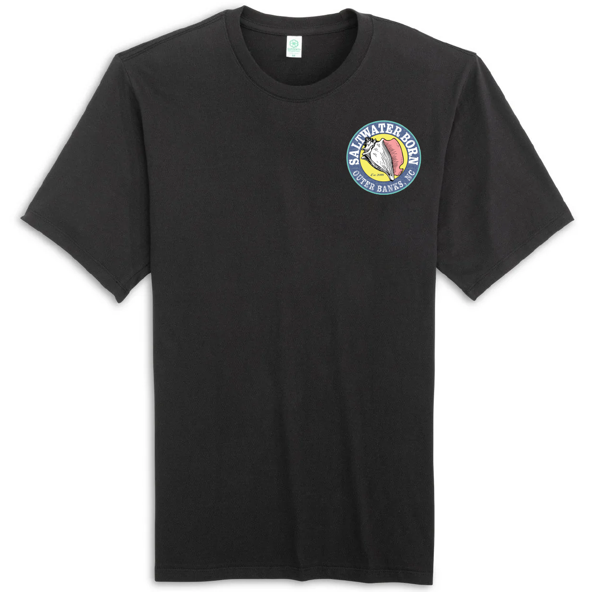 A black short-sleeve crewneck t-shirt featuring a circular 'Saltwater Fish' graphic on the left chest, displayed against a clean white background.
