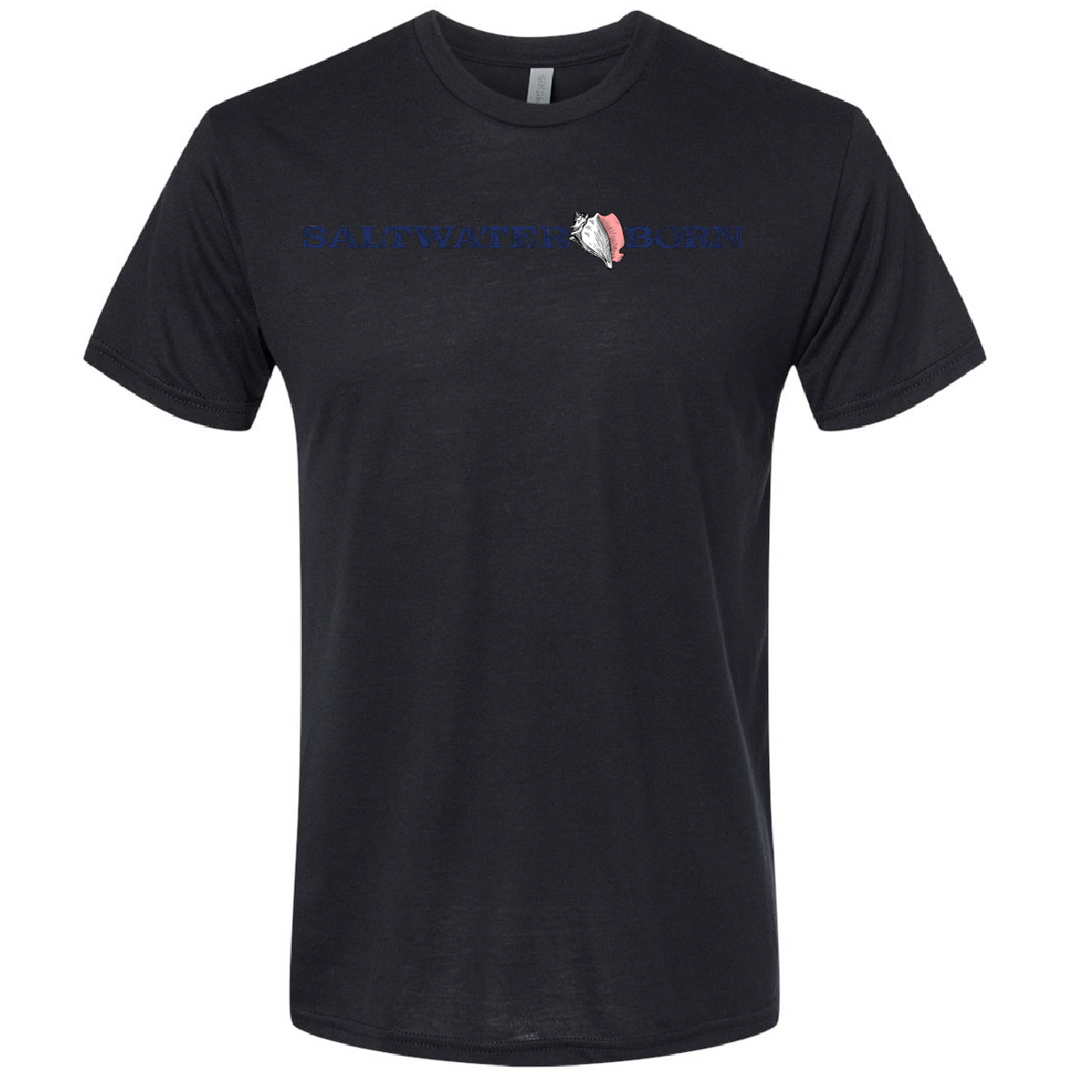 A black short-sleeve crewneck t-shirt with 'SAINT JAMES BORN' printed across the chest in blue, featuring a small heart graphic in the center of the text.
