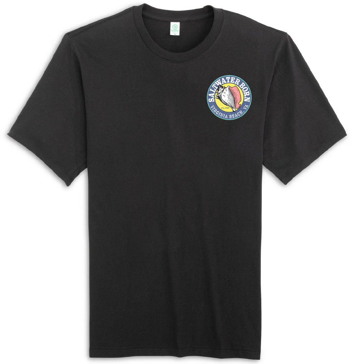 A black short-sleeve crewneck t-shirt with a circular 'Ferry Watership Esculapion' graphic printed on the left chest, displayed on a clean white background.