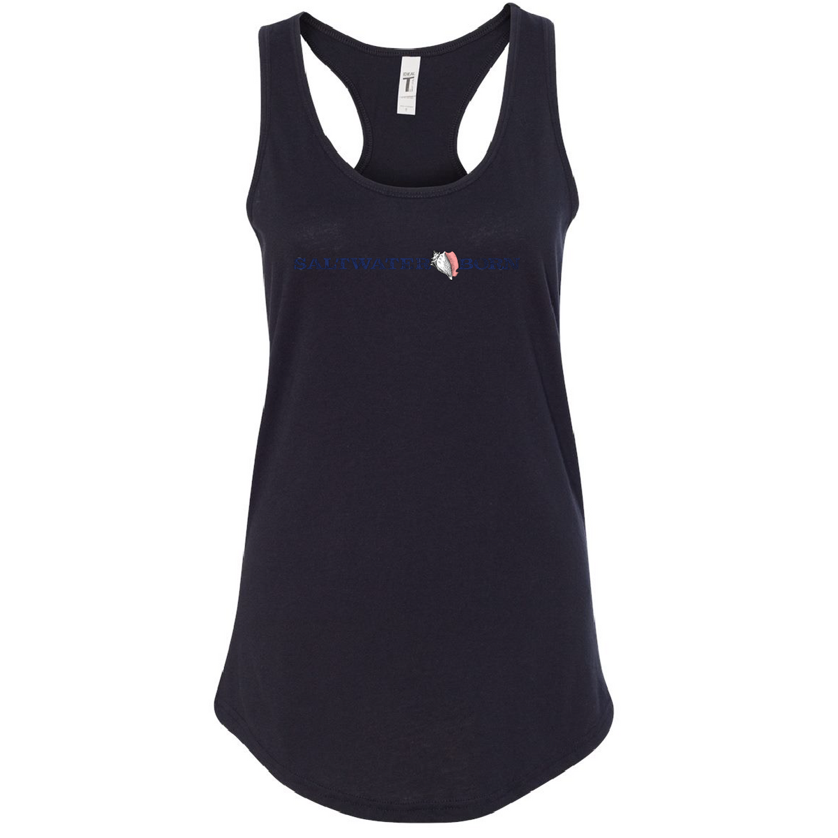 A black racerback tank top with a curved hem, featuring a small chest graphic that reads 'SALINAWATER COMPANY' in blue text alongside a small red, white, and blue logo. The tag inside the collar shows the brand 'TeeTies'.