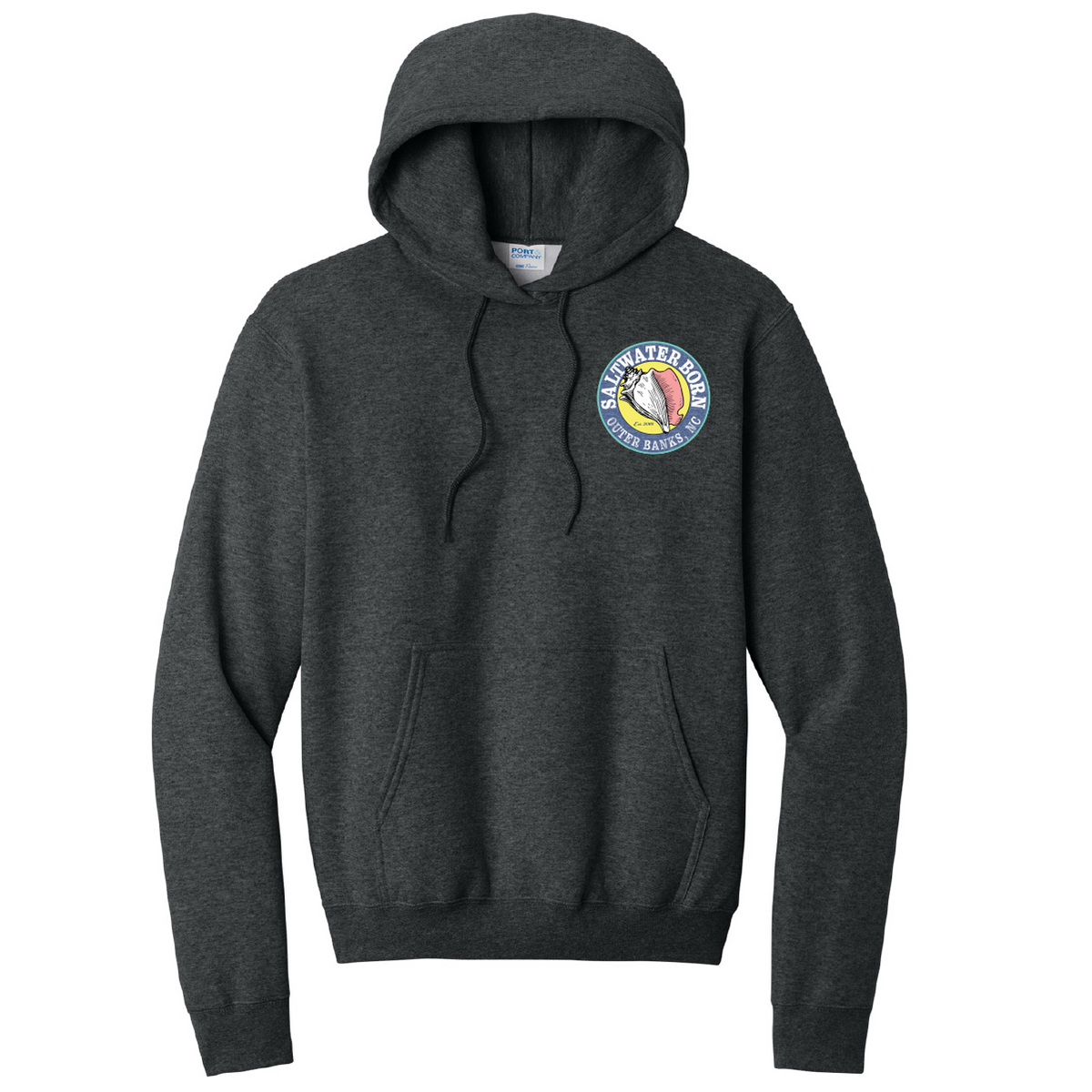 A dark heather gray pullover hoodie with a circular 'Buckeye State' graphic printed on the left chest, displayed on a clean white background.