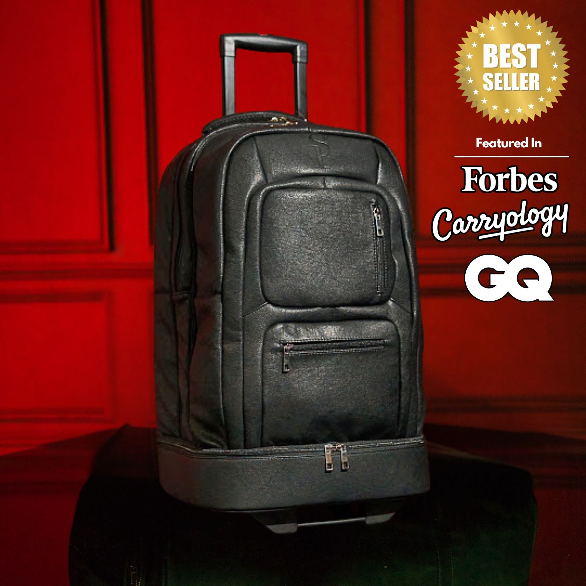 Black rolling backpack on a dark surface with a red background, featuring 'Best Seller' and magazine logos.