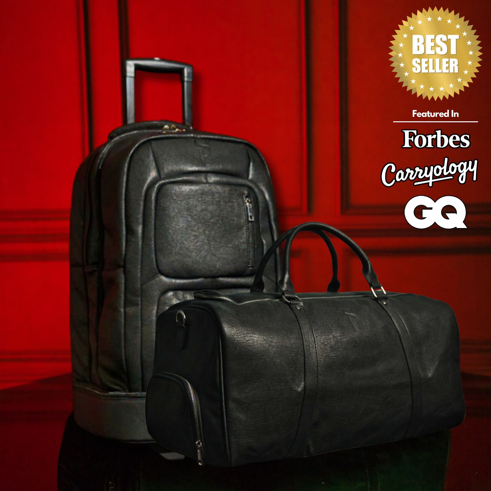 Black leather suitcase and duffel bag on a red background with 'Best Seller' and magazine logos.