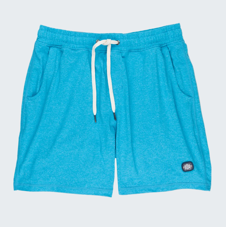 Blue shorts with a white drawstring on a white background
