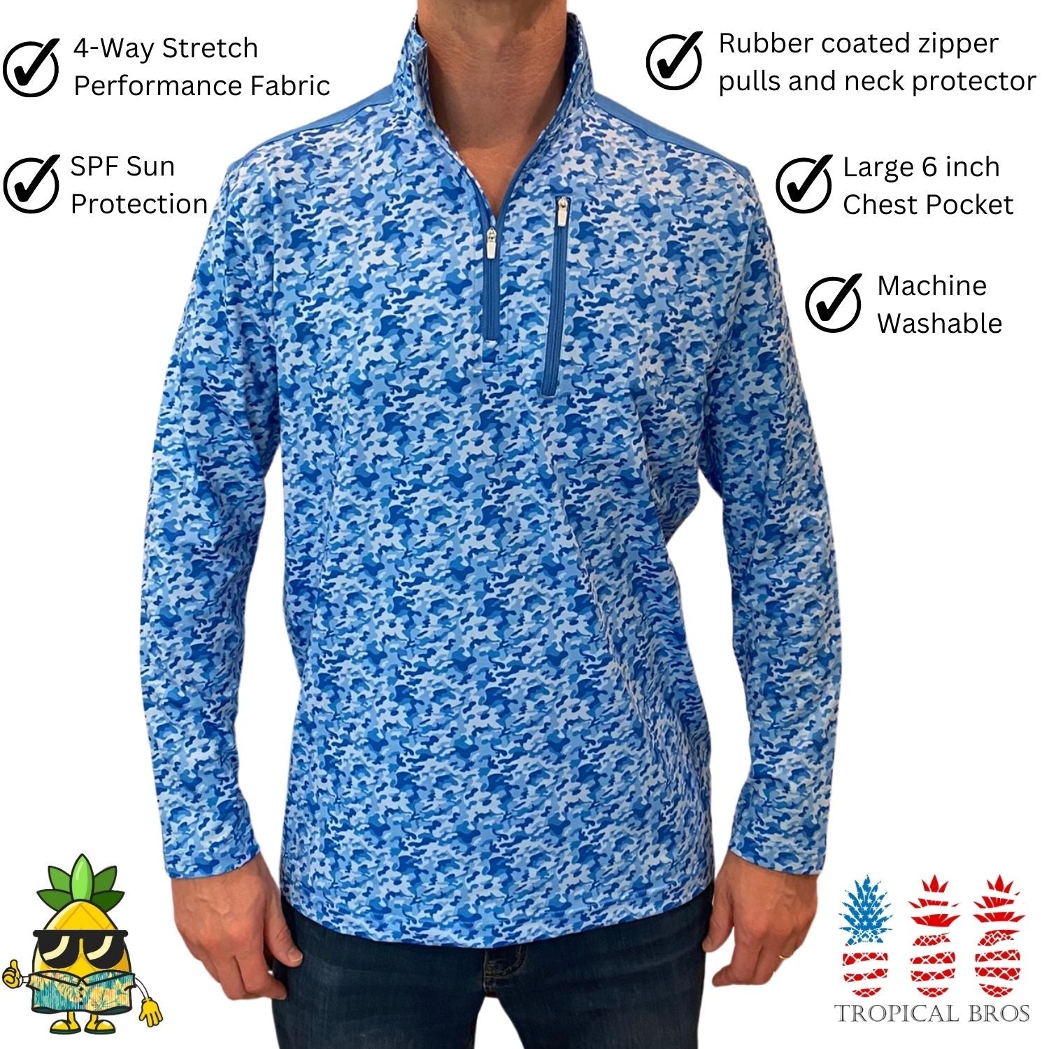 Blue camouflage long-sleeve shirt with features listed on a white background