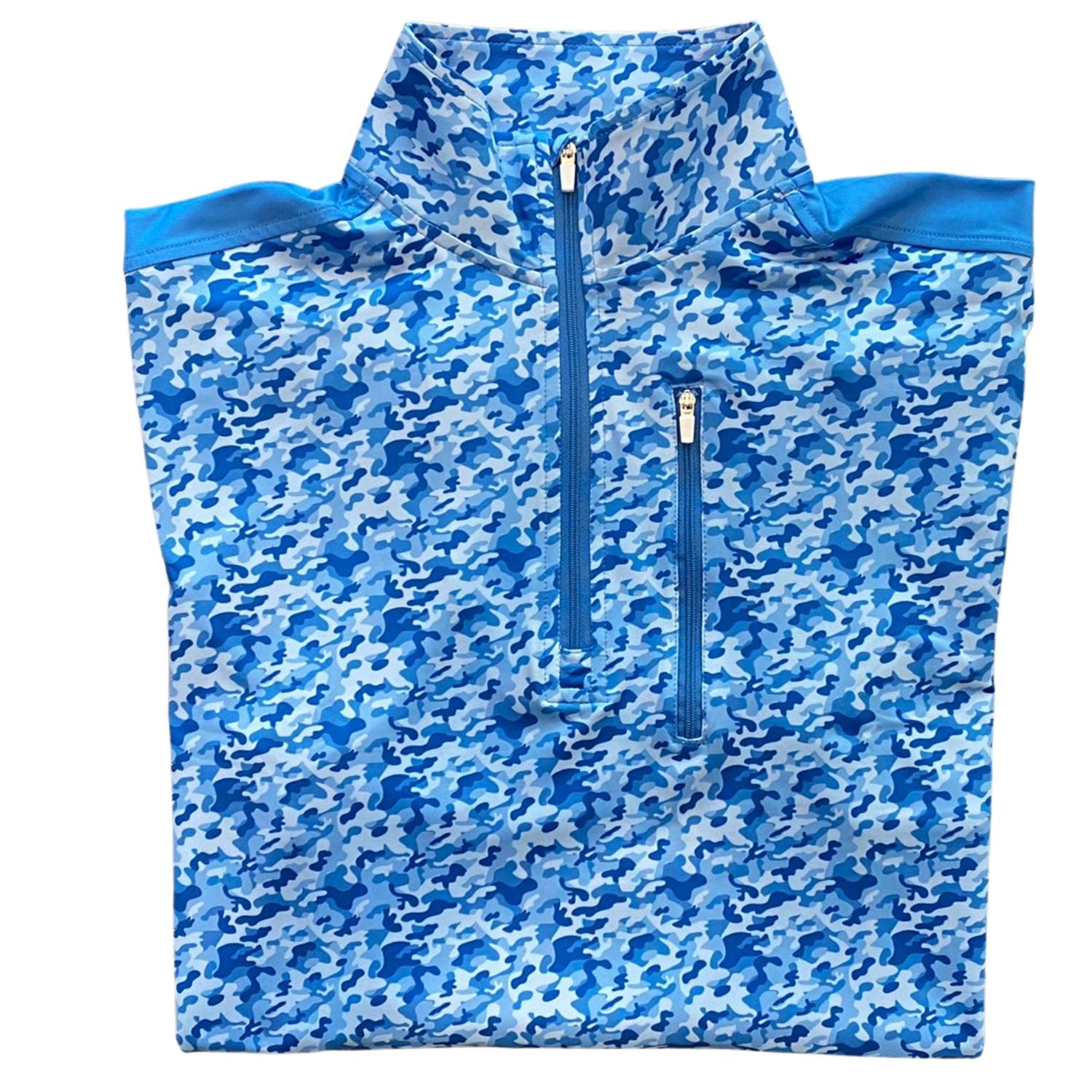 Blue camouflage pullover with a zipper on a white background