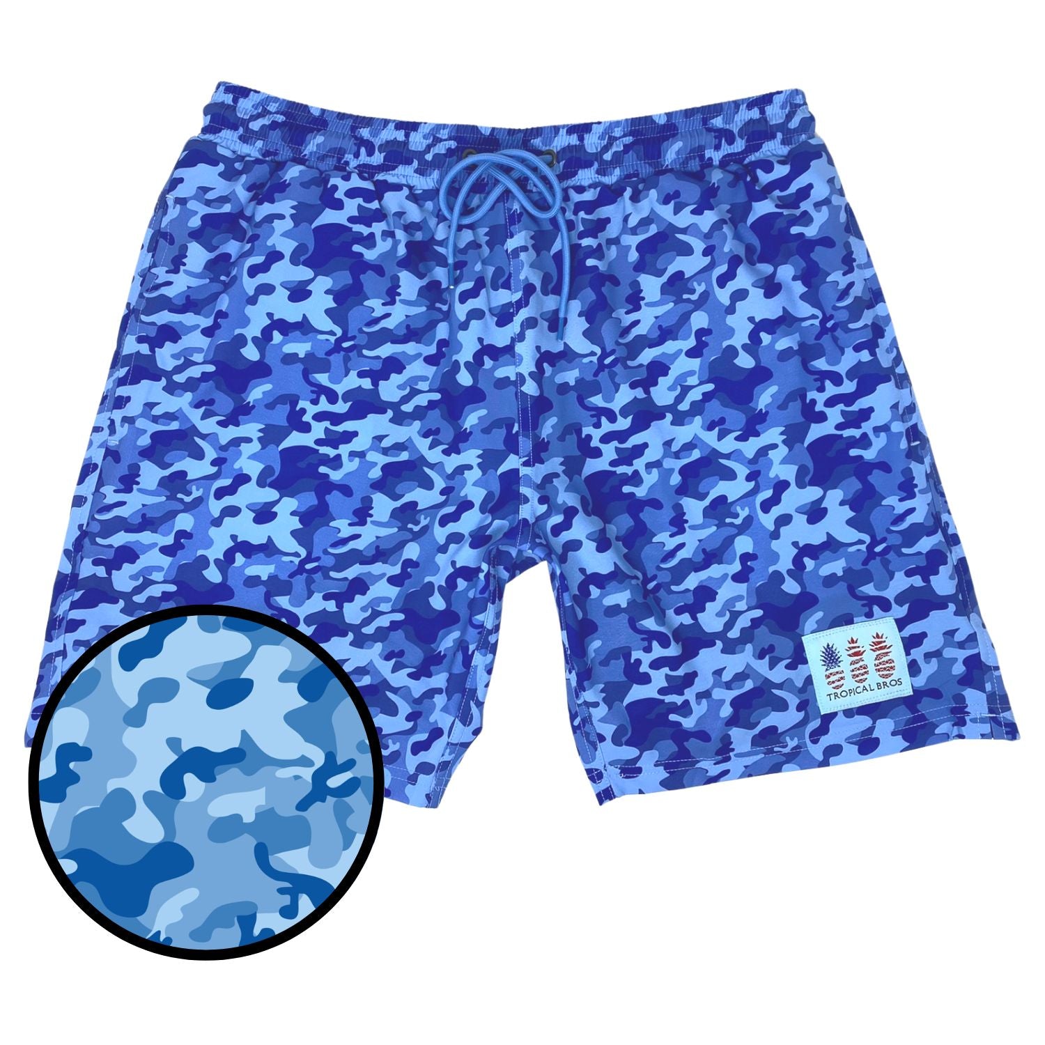 Blue camouflage shorts with a close-up inset on a white background