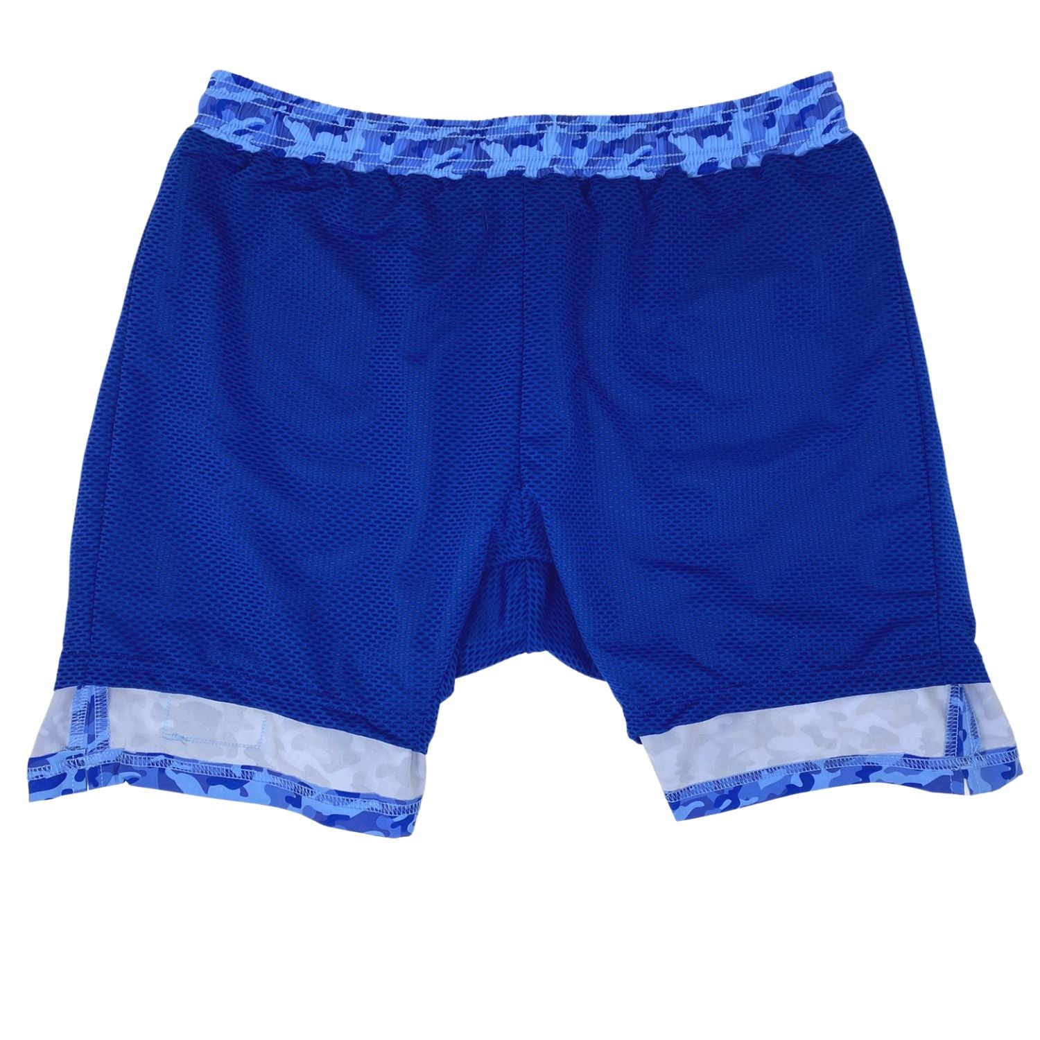 Blue athletic shorts with patterned waistband and hem on a white background