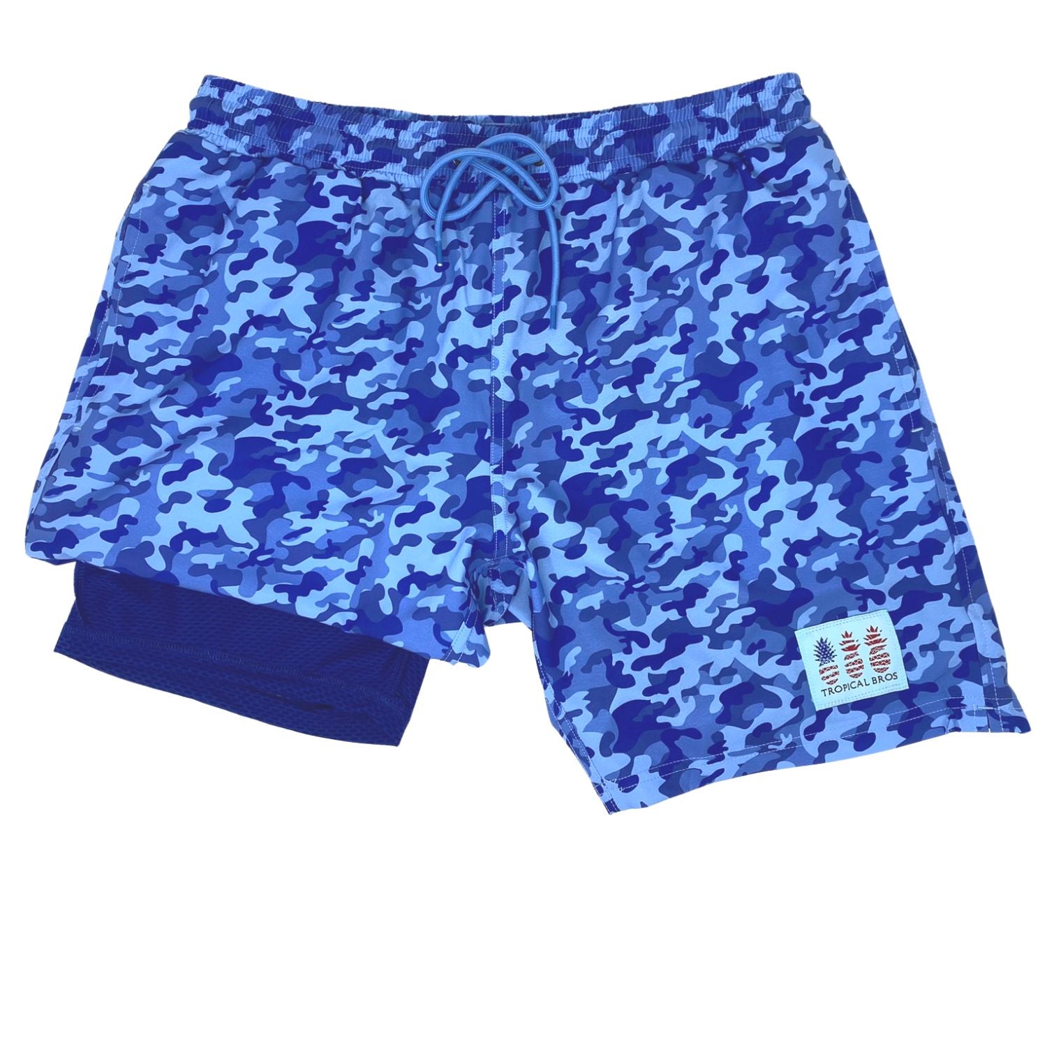 Blue camouflage shorts with a brand logo on a white background
