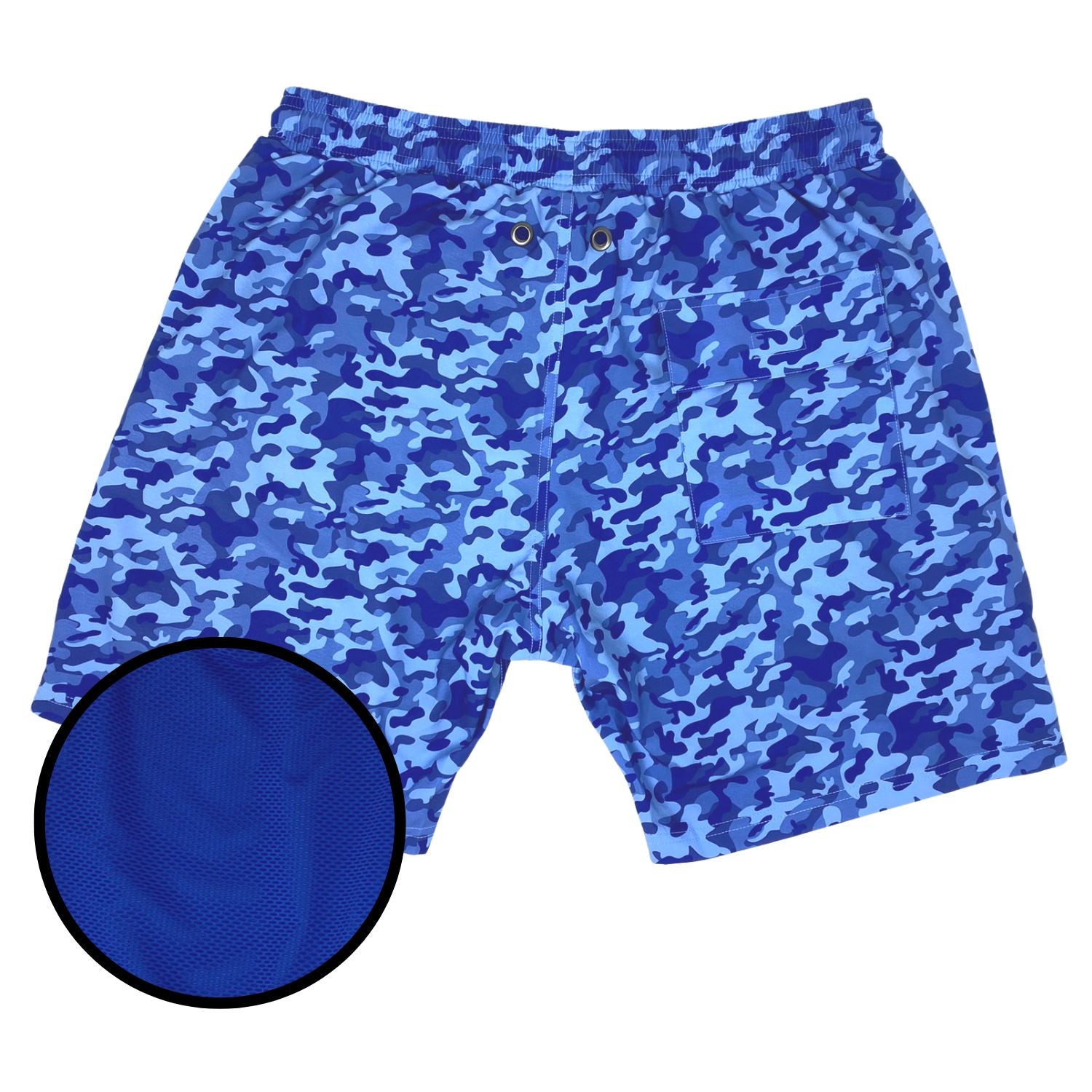 Blue camouflage shorts with a close-up of the fabric texture on a white background