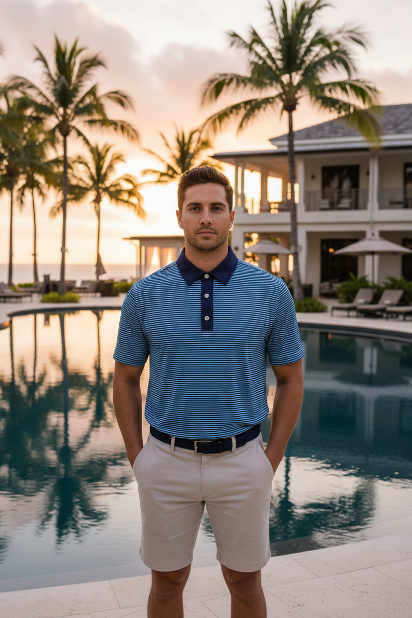 Blue and white striped polo shirt with a brand logo on a white background