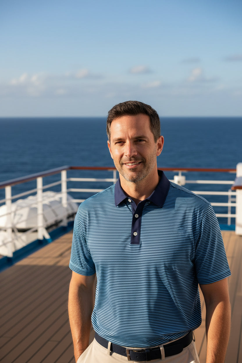 Blue and white striped polo shirt with a brand logo on a white background
