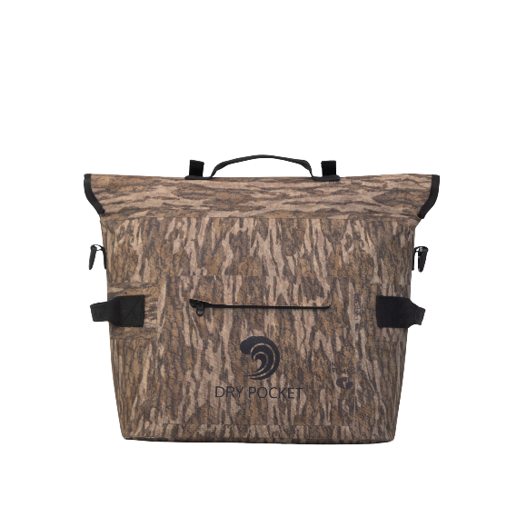 Camouflage-patterned backpack with a brand logo on a white background