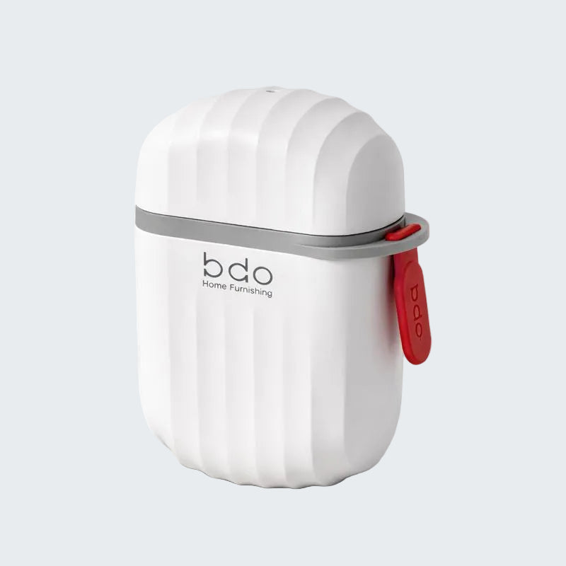 White and gray striped container with red accent on a white background, featuring the brand 'bdo'.