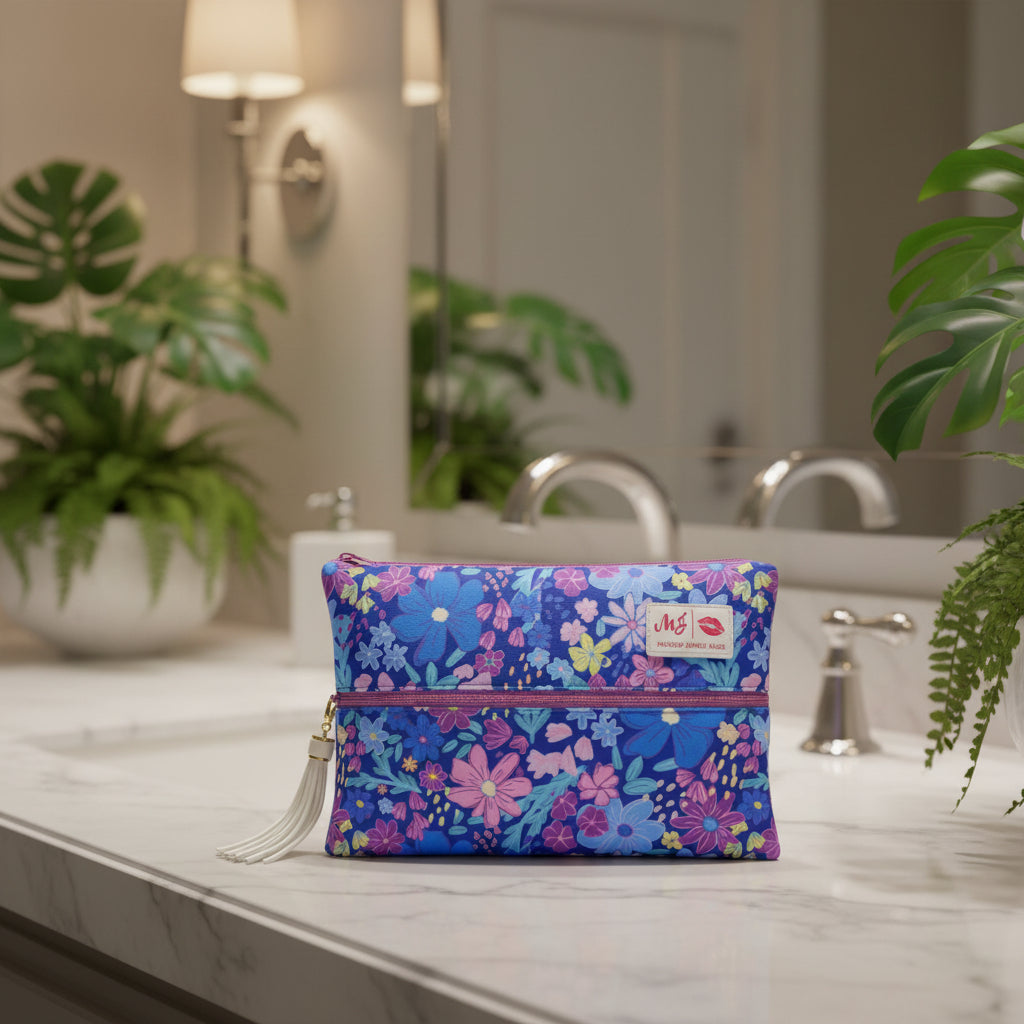 Floral-patterned makeup bag with a visible brand logo on a white background