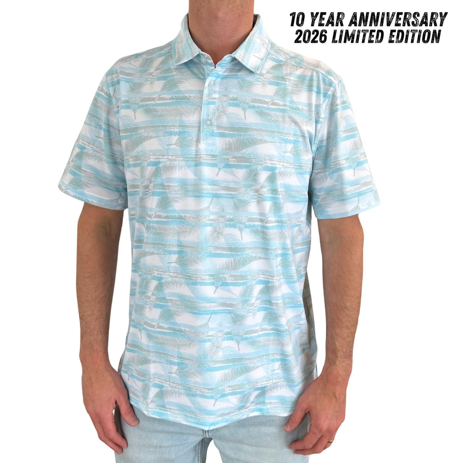 Man wearing a light blue patterned shirt with '10 Year Anniversary 2026 Limited Edition' text.