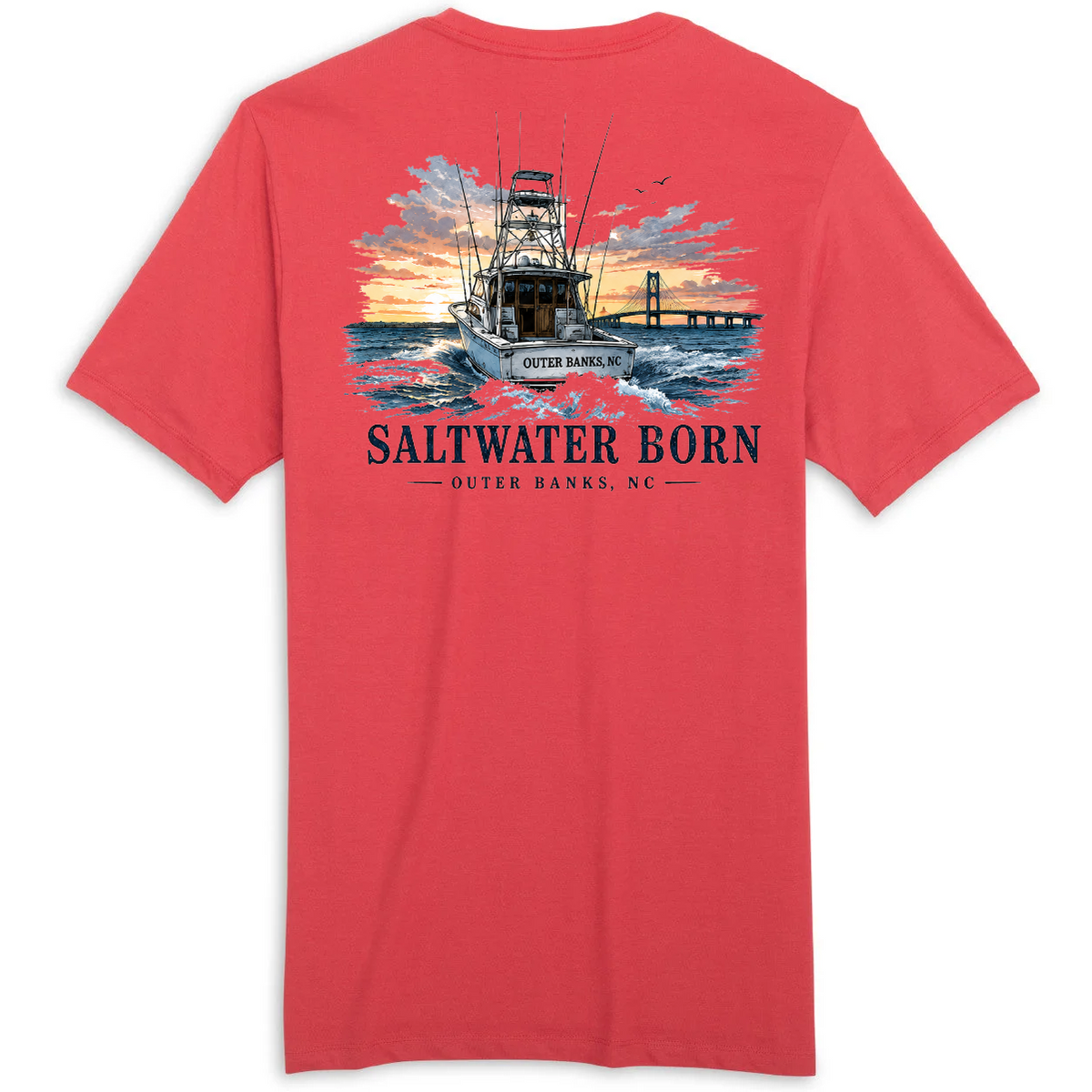 A red short-sleeve t-shirt shown from the back, featuring a large graphic print of a fishing boat on the water under a sunset sky, with the text 'SALTWATER BORN' and 'OUTER BANKS, NC'.