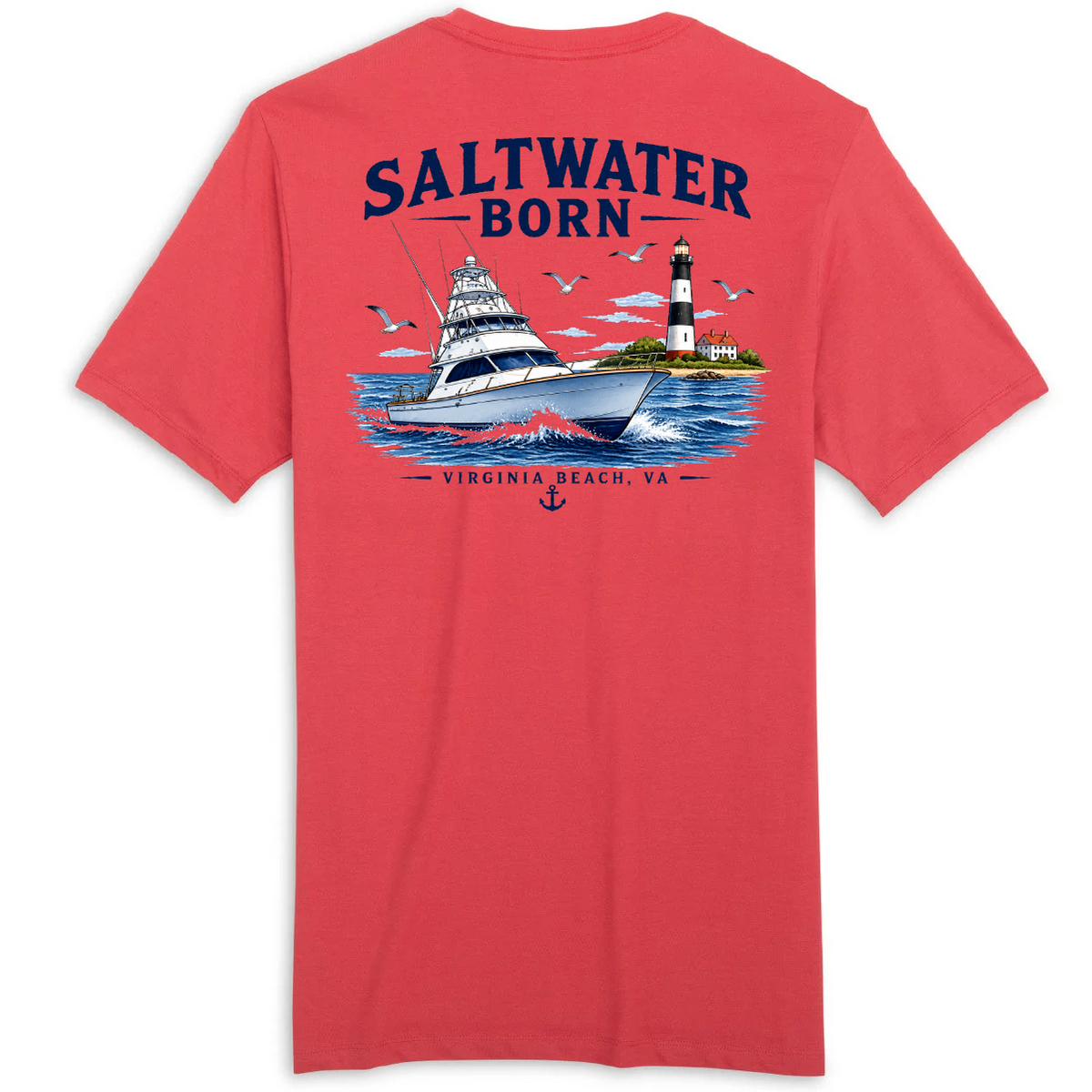A red short-sleeve t-shirt shown from the back, featuring a large graphic print of a white yacht on blue water with the text 'SALTWATER BORN' and 'VIRGINIA BEACH, VA' under an illustration of a lighthouse and birds.