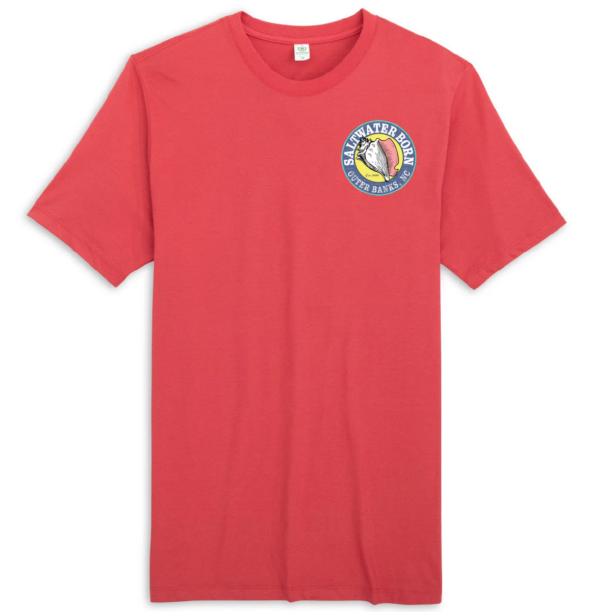 A red short-sleeve crewneck t-shirt featuring a circular 'Salt Water Dogs' graphic on the left chest, displayed against a solid white background.