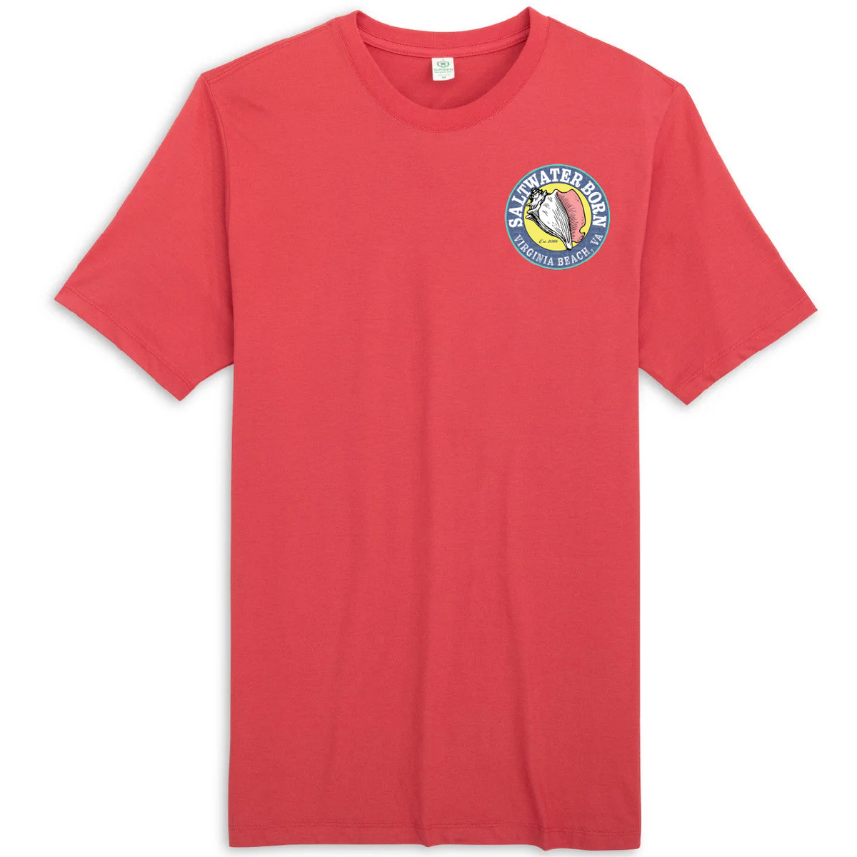 A red short-sleeve crewneck t-shirt with a circular 'Saltwater Boss' logo printed on the left chest, displayed on a clean white background.
