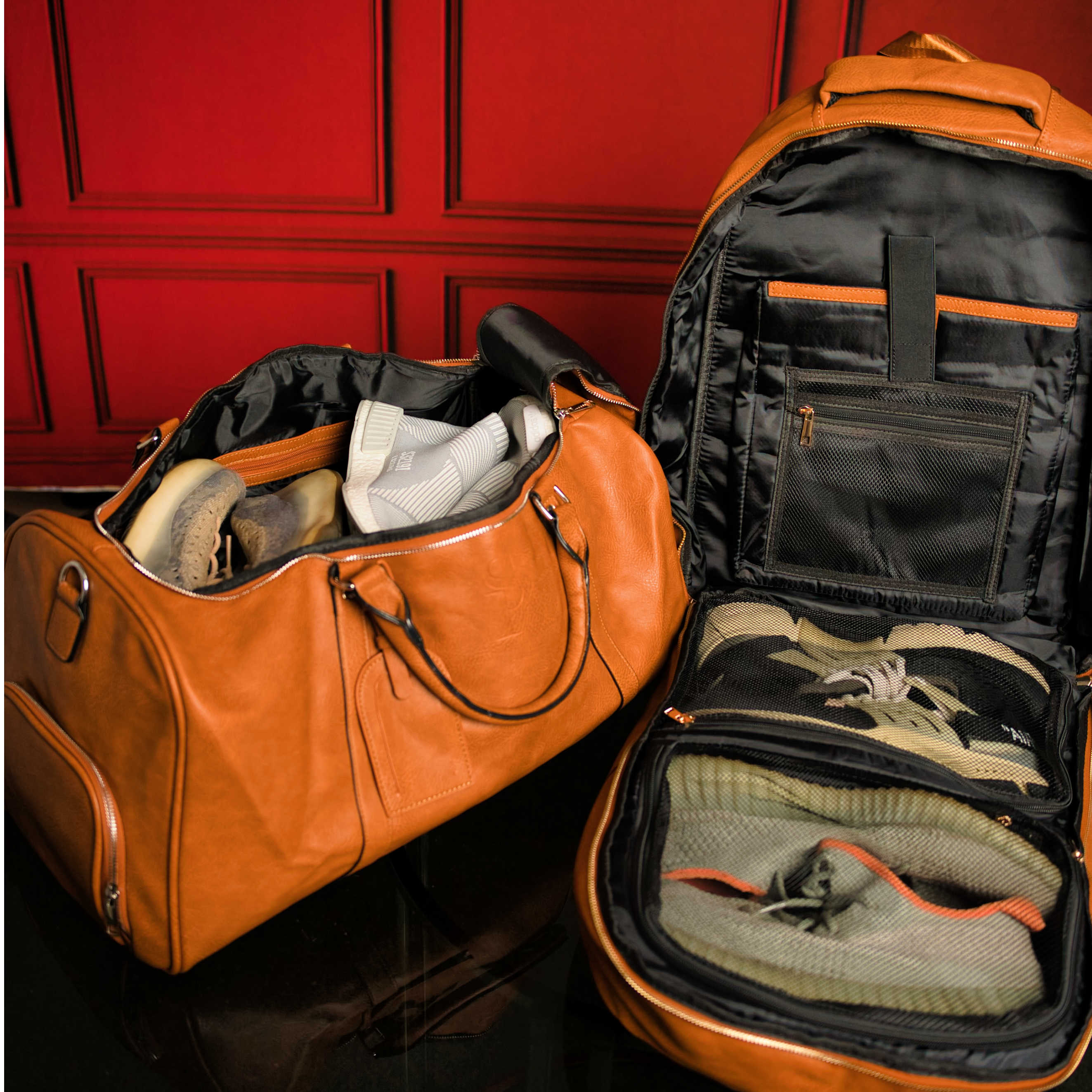 brown leather backpack with black shoes Brown Tumbled Leather 2 Bag Set (Commuter Backpack and Duffle Bag)