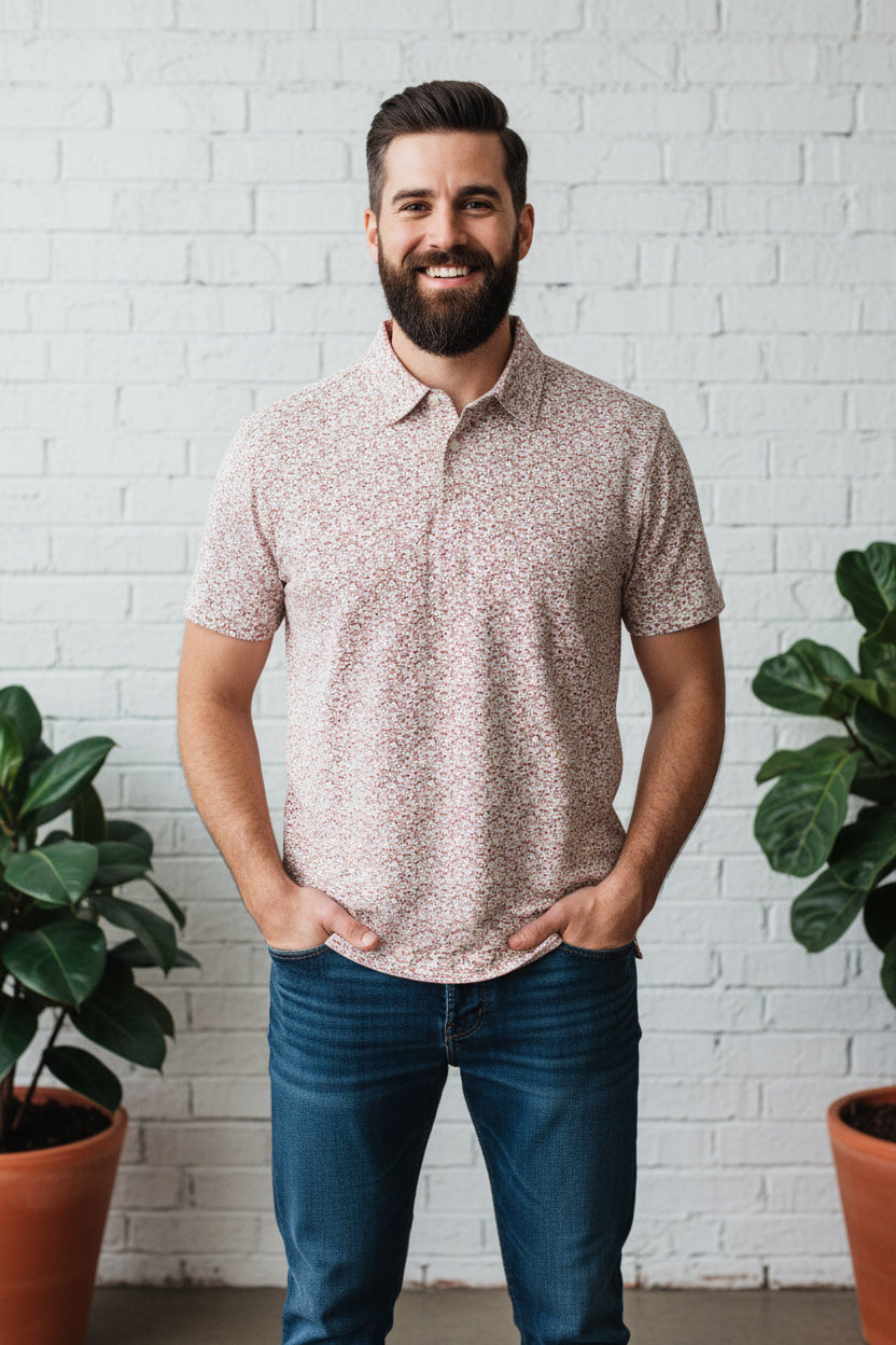 Patterned shirt with a brand logo on a white background