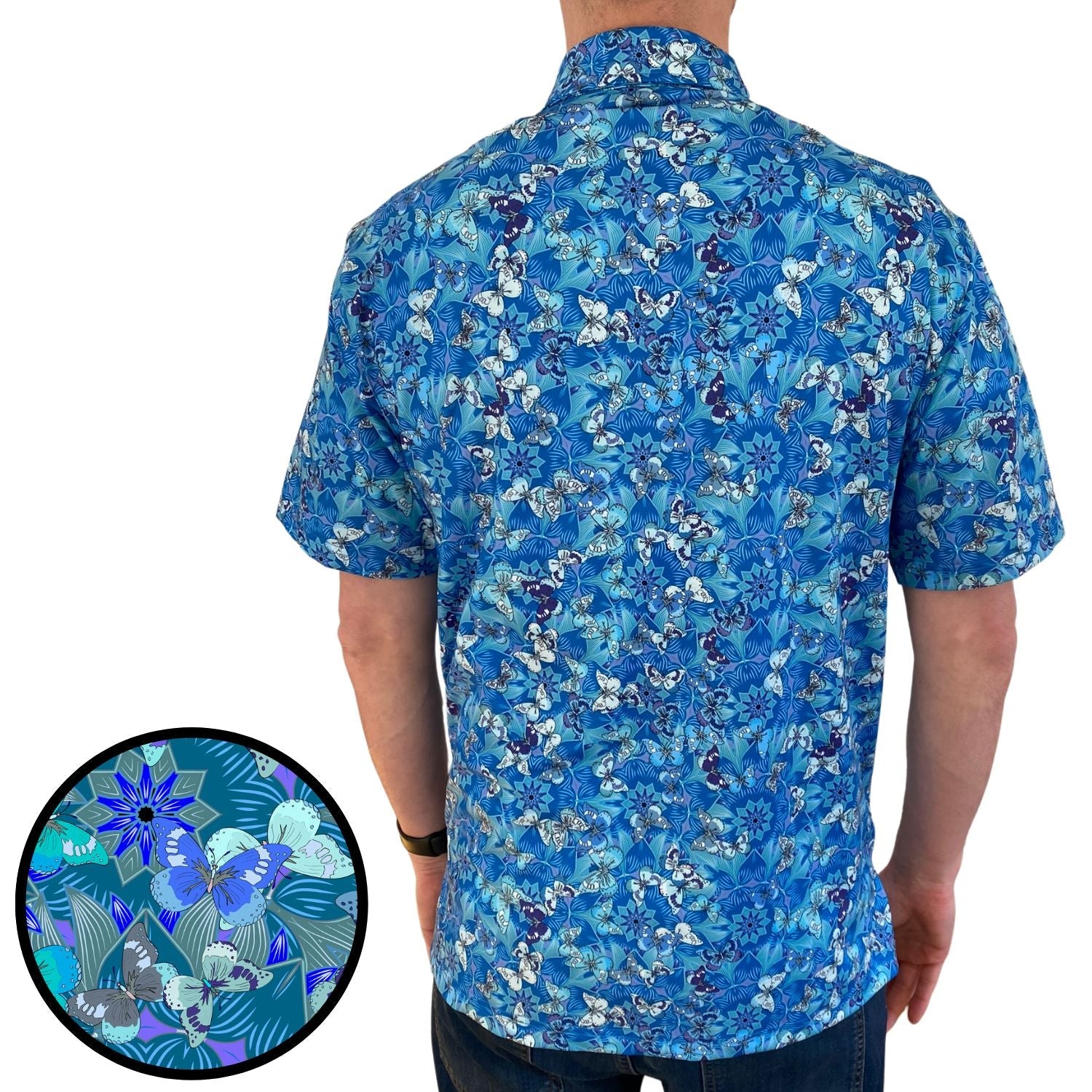 Blue floral patterned shirt worn by a person with a close-up of the fabric texture.