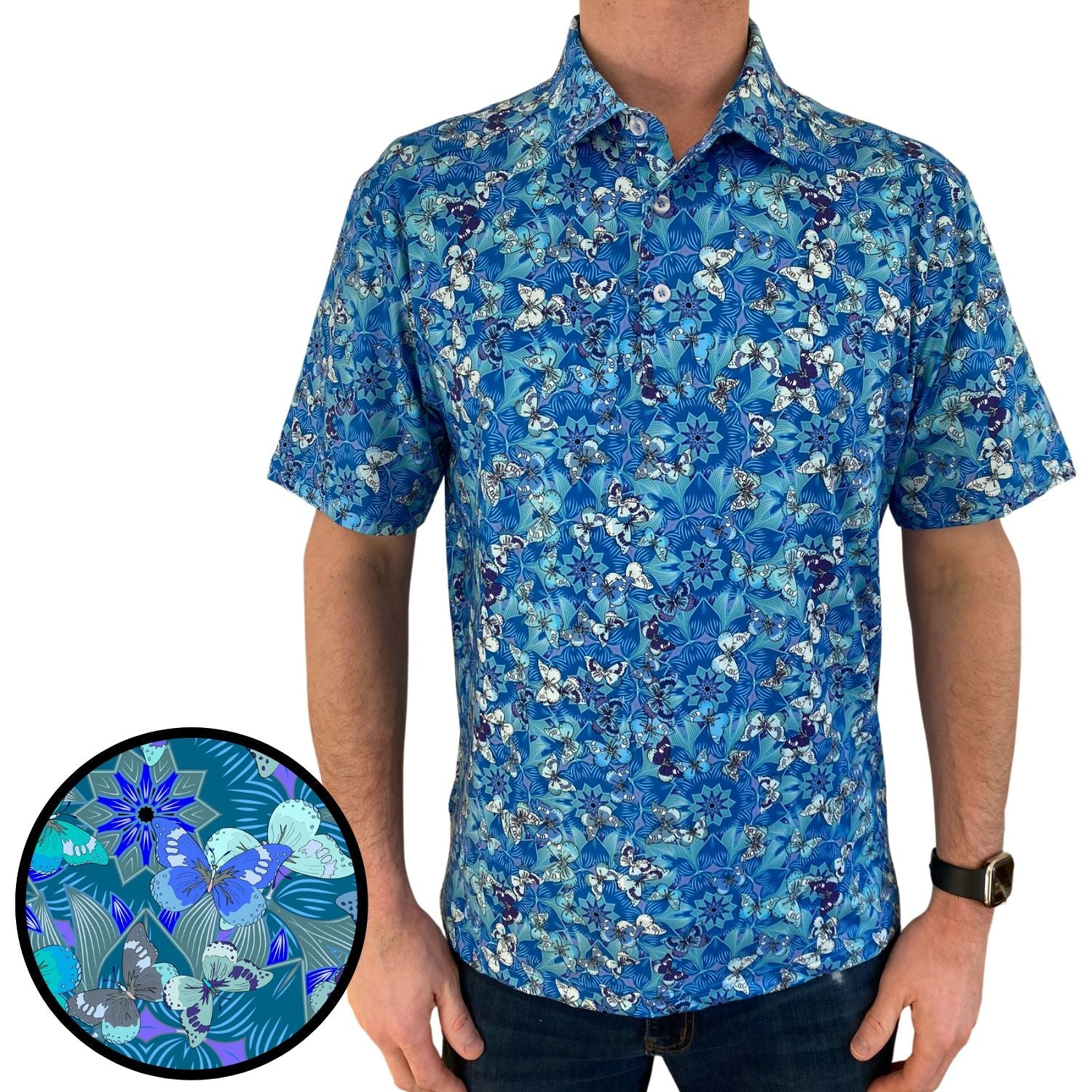 Man wearing a blue floral patterned shirt with a close-up of the design on a white background.