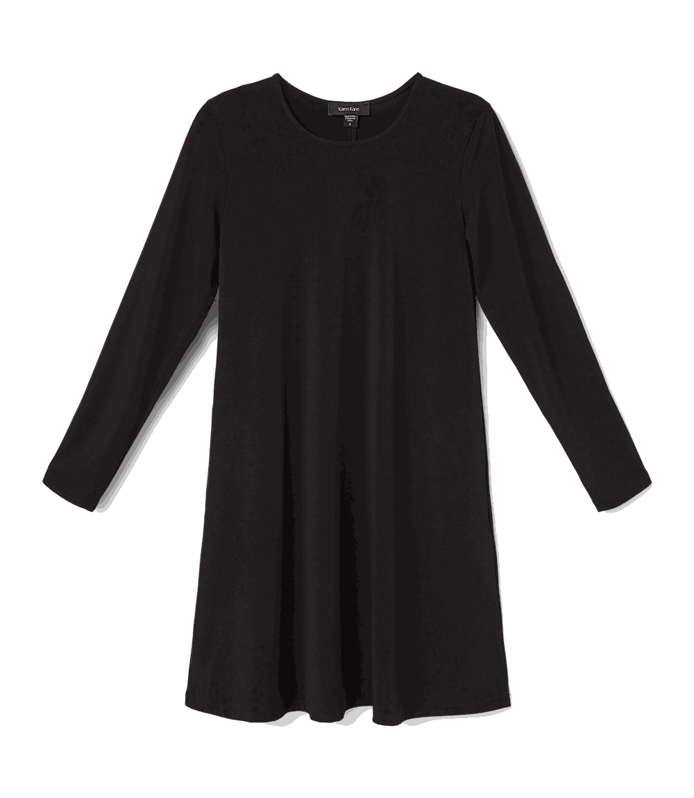 A long-sleeve black tunic dress with a round neckline, displayed against a solid black background.