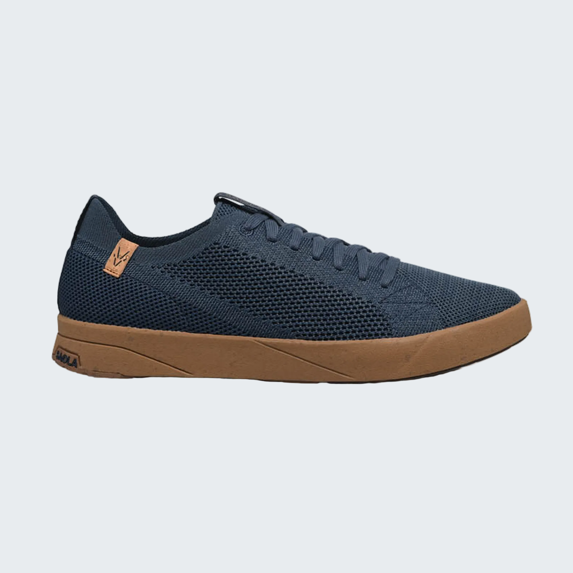A black leather Vionic V-90 sneaker with a brown rubber sole, shown in a side profile on a white background.