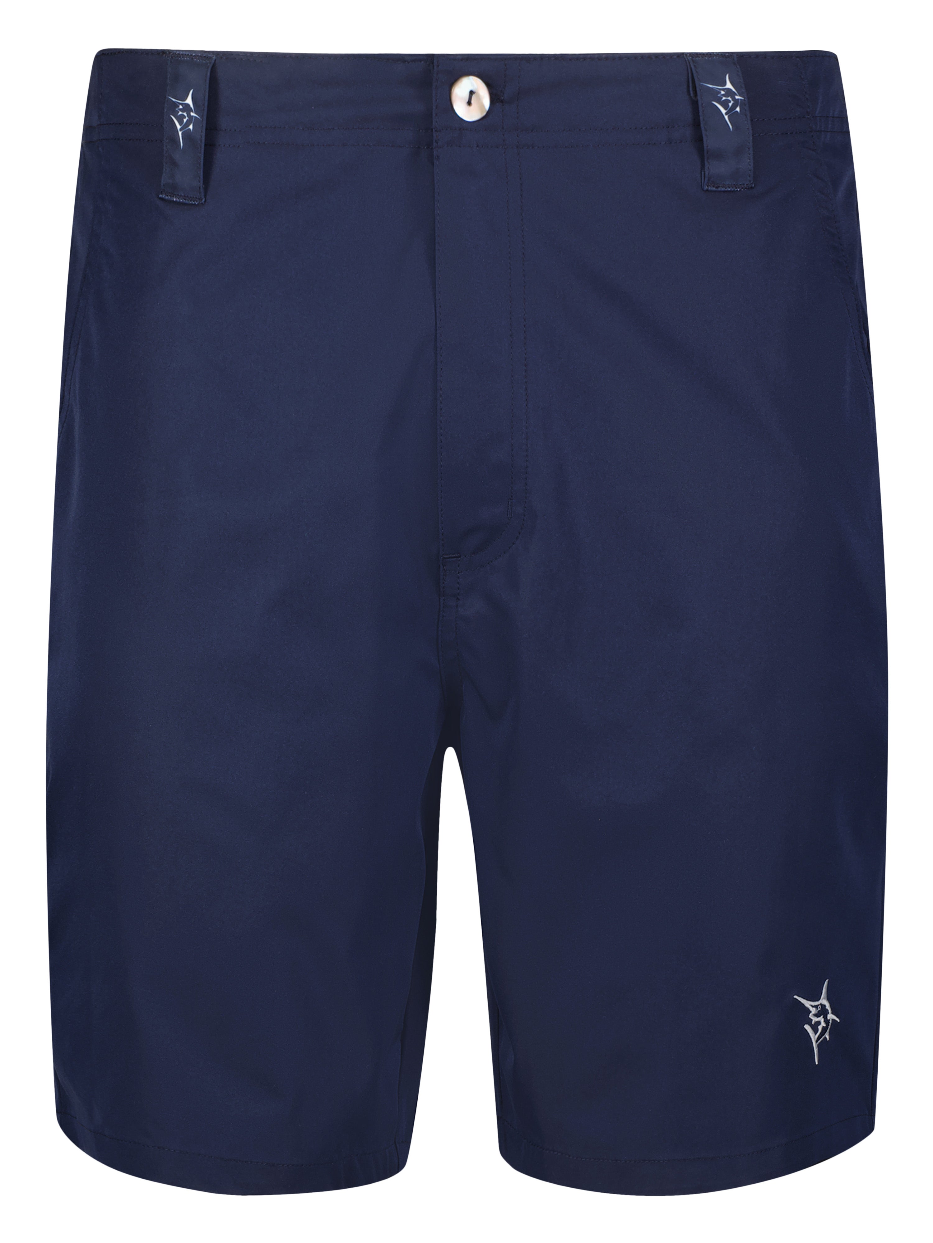 Navy blue shorts with a brand logo on a white background