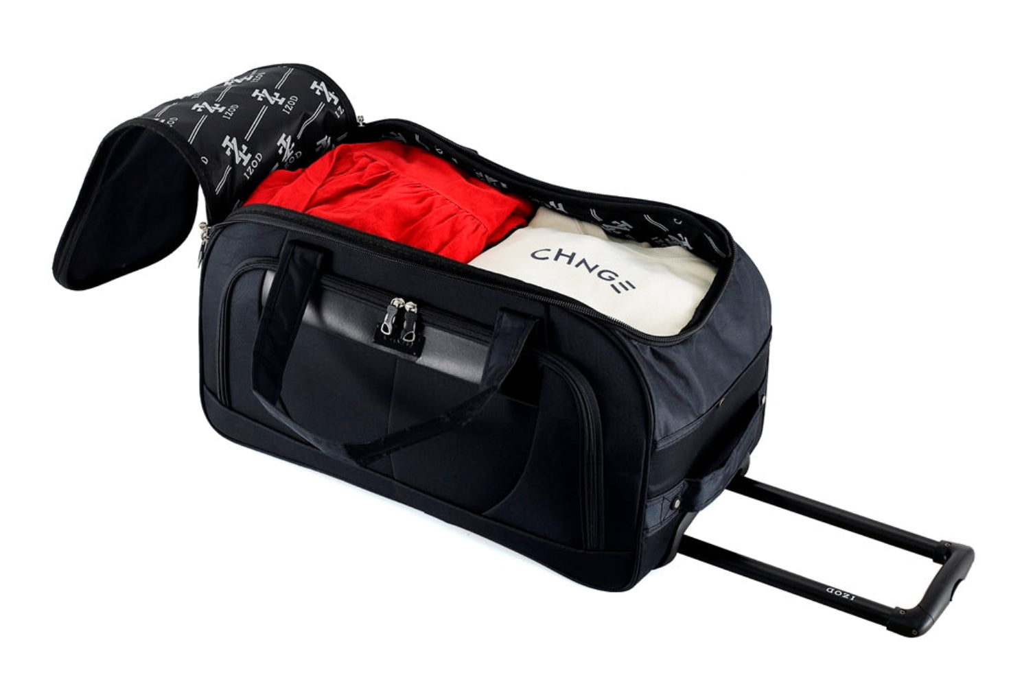 Black rolling duffel bag with red interior and visible brand name on a white background
