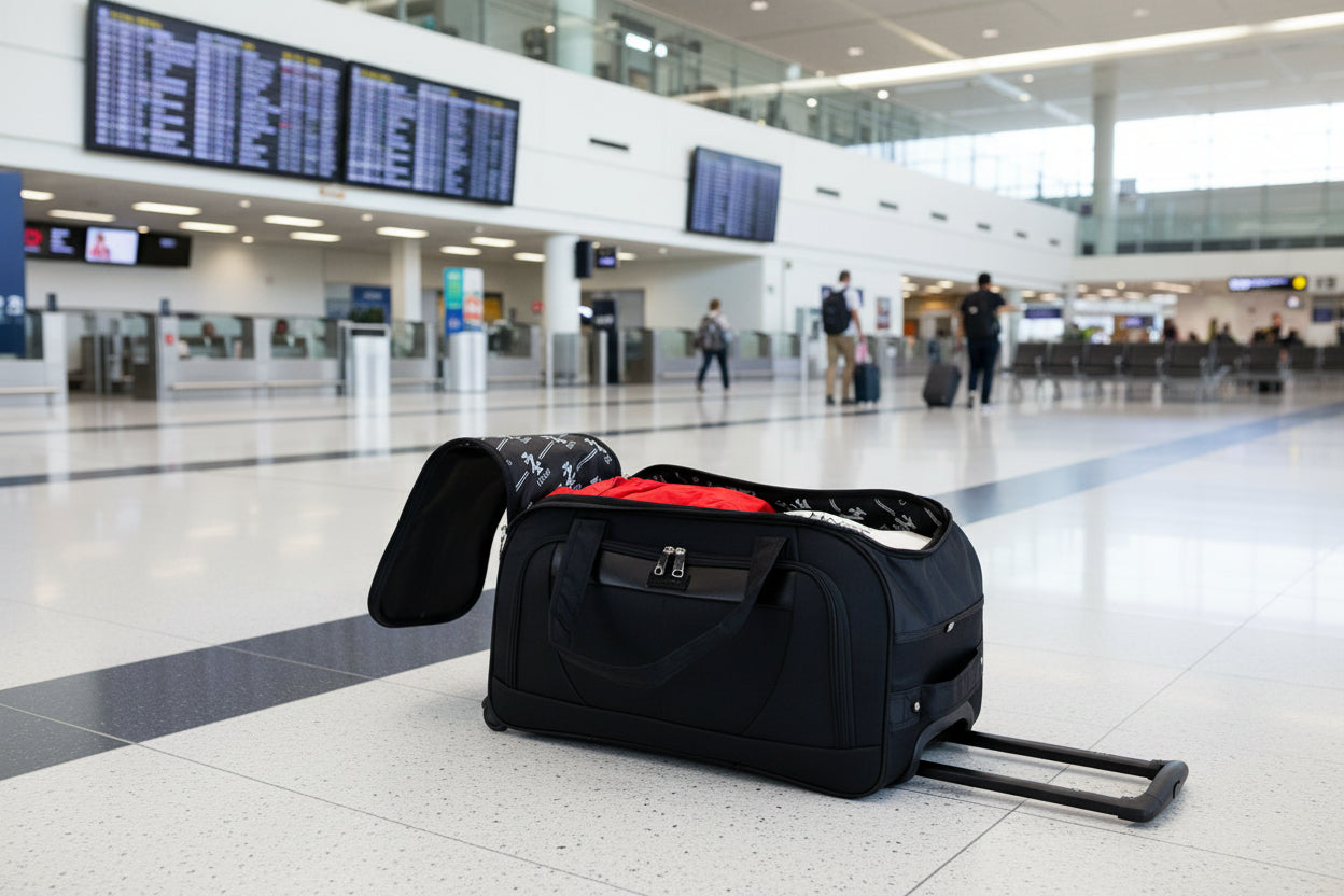 Black rolling duffel bag with red interior and visible brand name on a white background