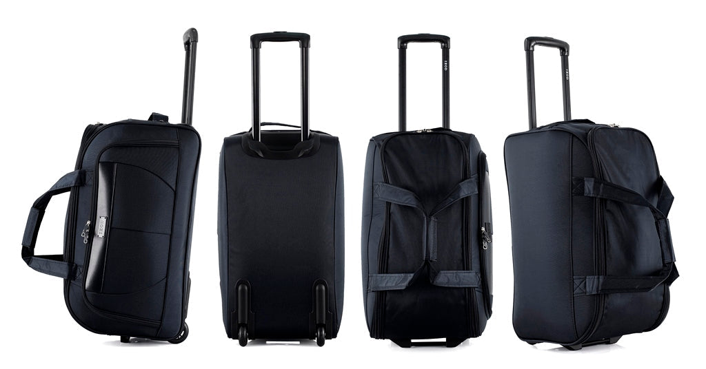 Four black suitcases shown from different angles on a white background
