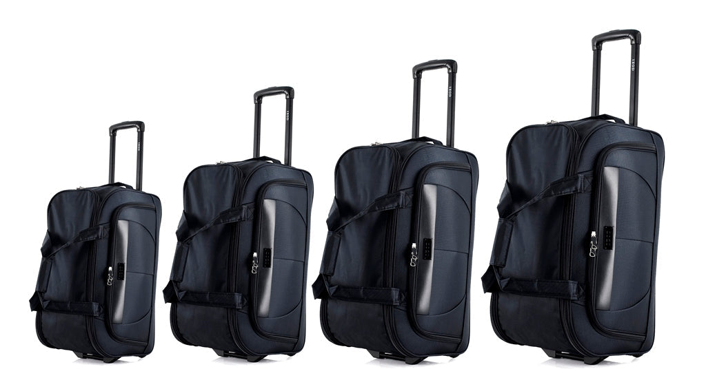 Four black suitcases of different sizes on a white background