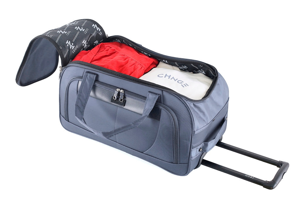 Gray rolling suitcase with open top showing red interior and a white label on a white background