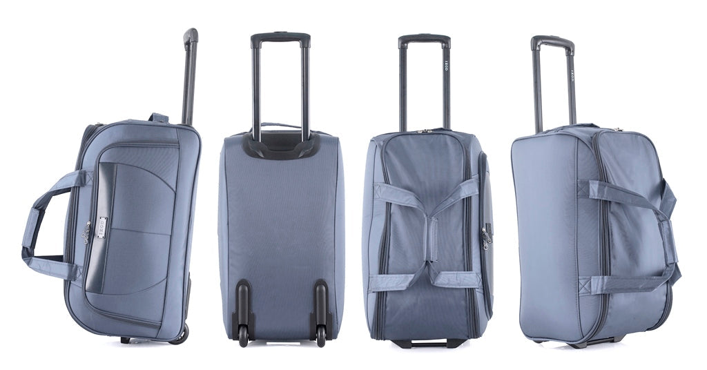 Gray suitcase shown from multiple angles on a white background