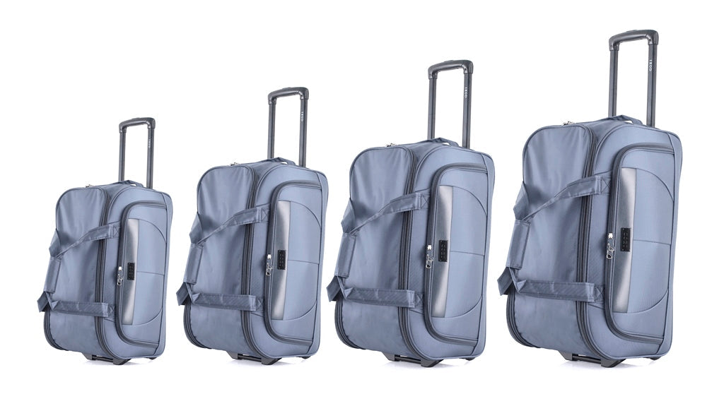 Four gray suitcases of different sizes on a white background