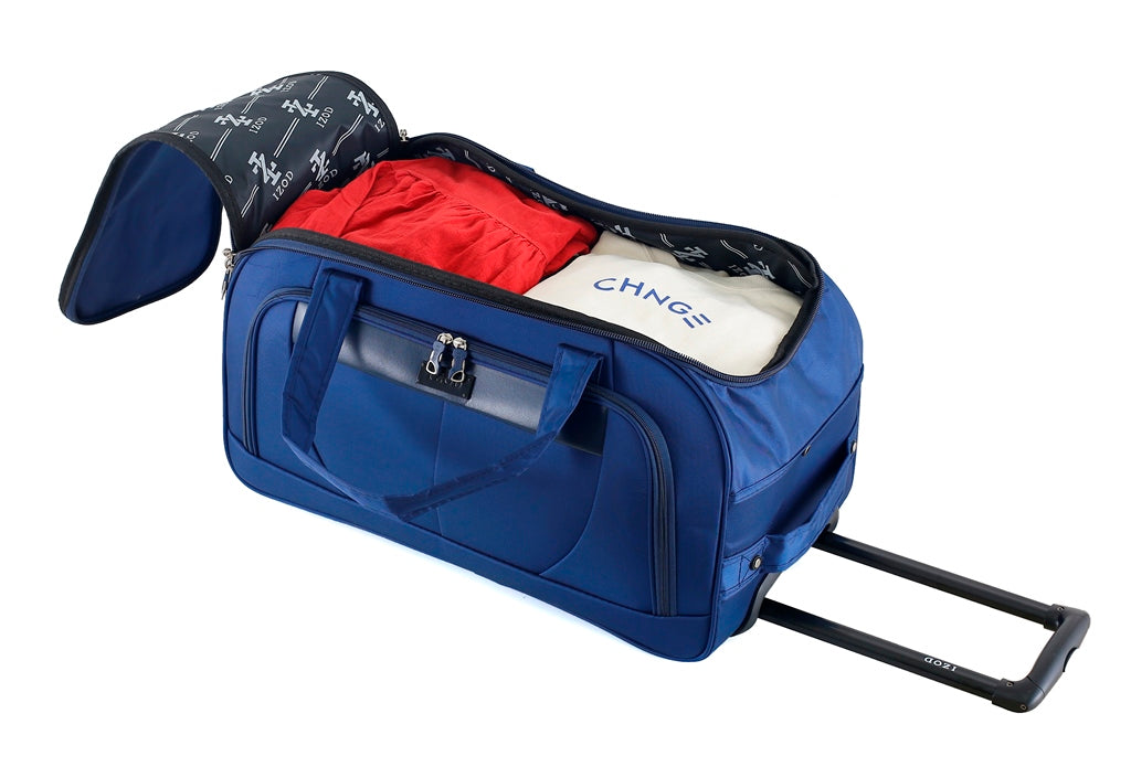 Blue travel duffel bag with open top showing red interior and 'Ching's' branding.