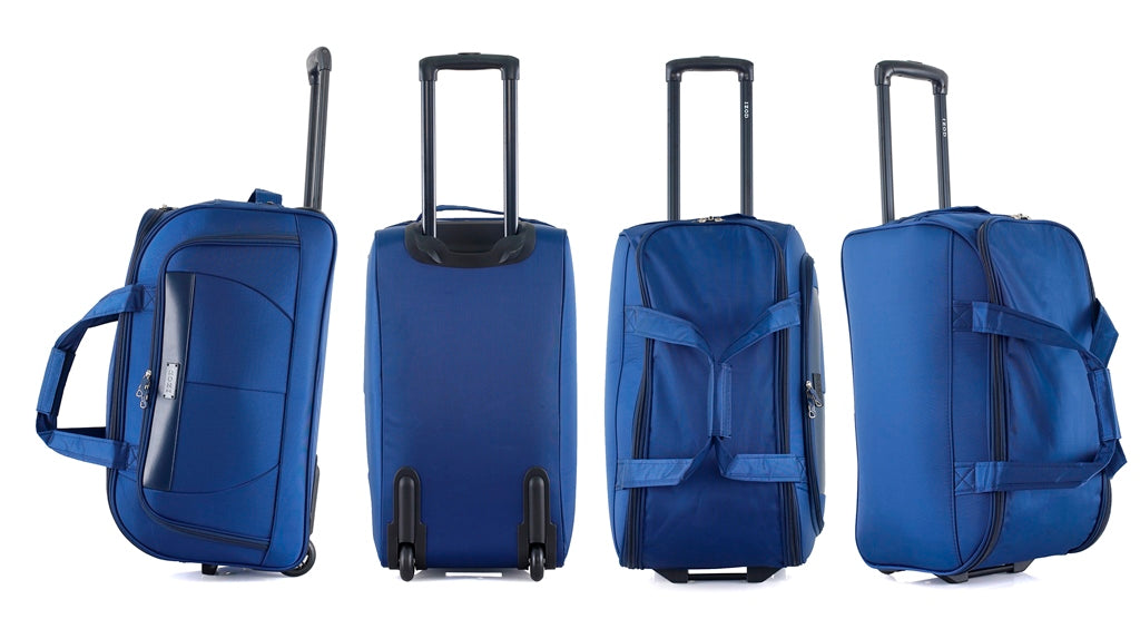 Four blue suitcases shown from different angles on a white background