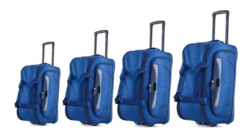 Four blue suitcases of different sizes on a white background
