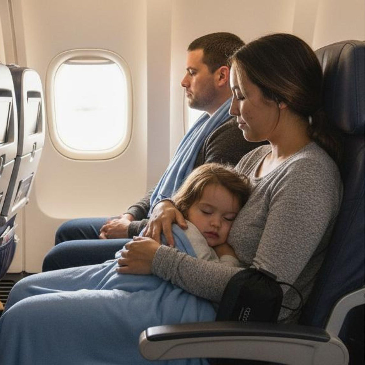 Family of three on an airplane, with a woman holding a child and a man sitting next to them.