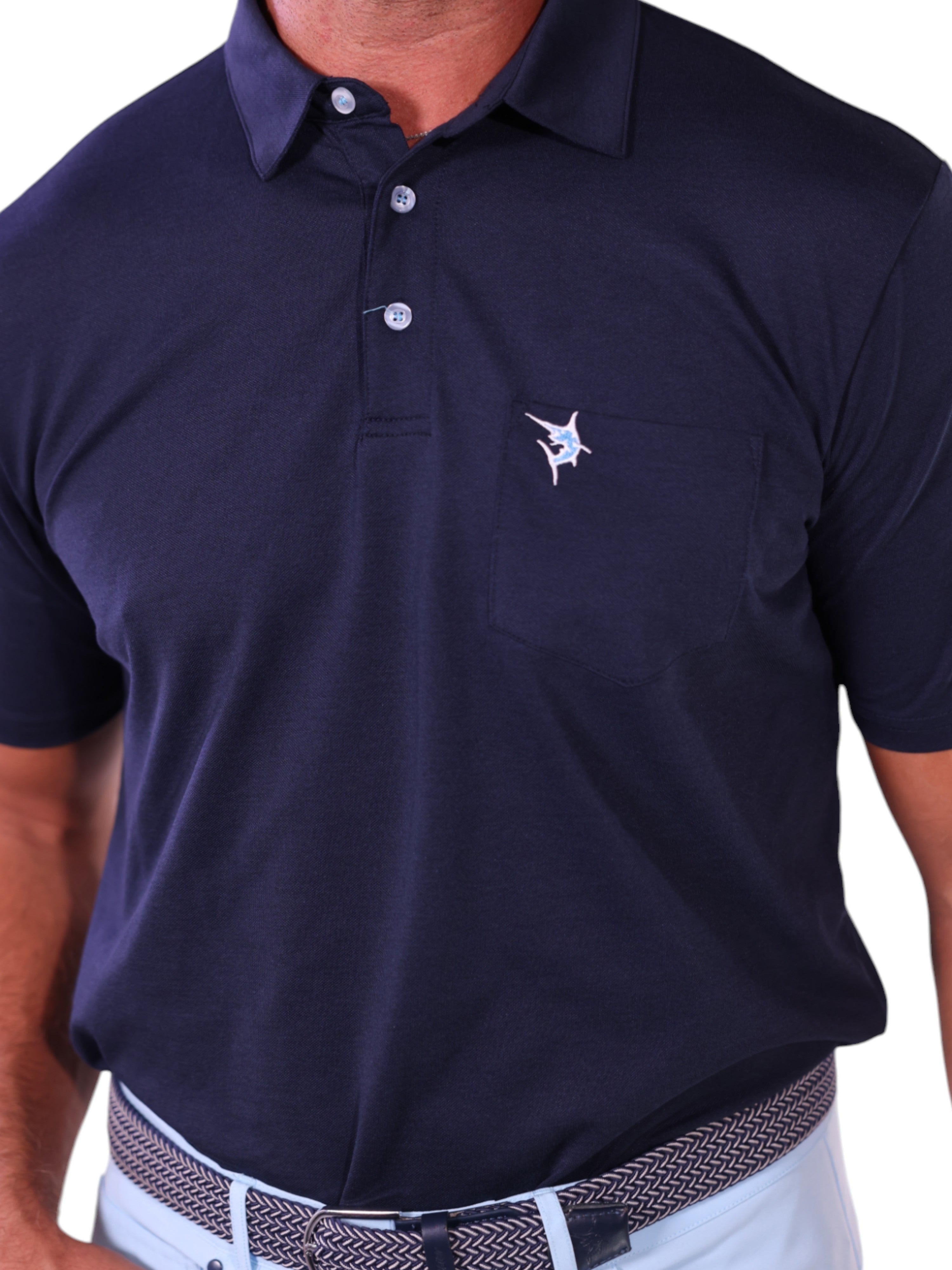 Navy blue polo shirt with a small logo on a white background