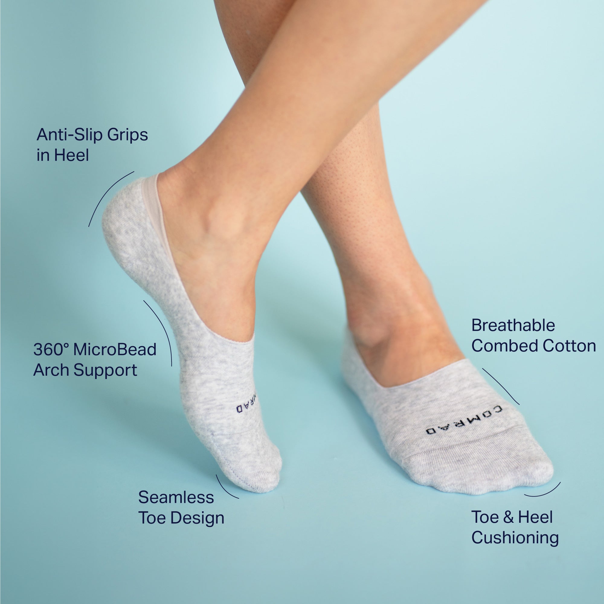 Gray no-show socks with text highlighting features on a light blue background