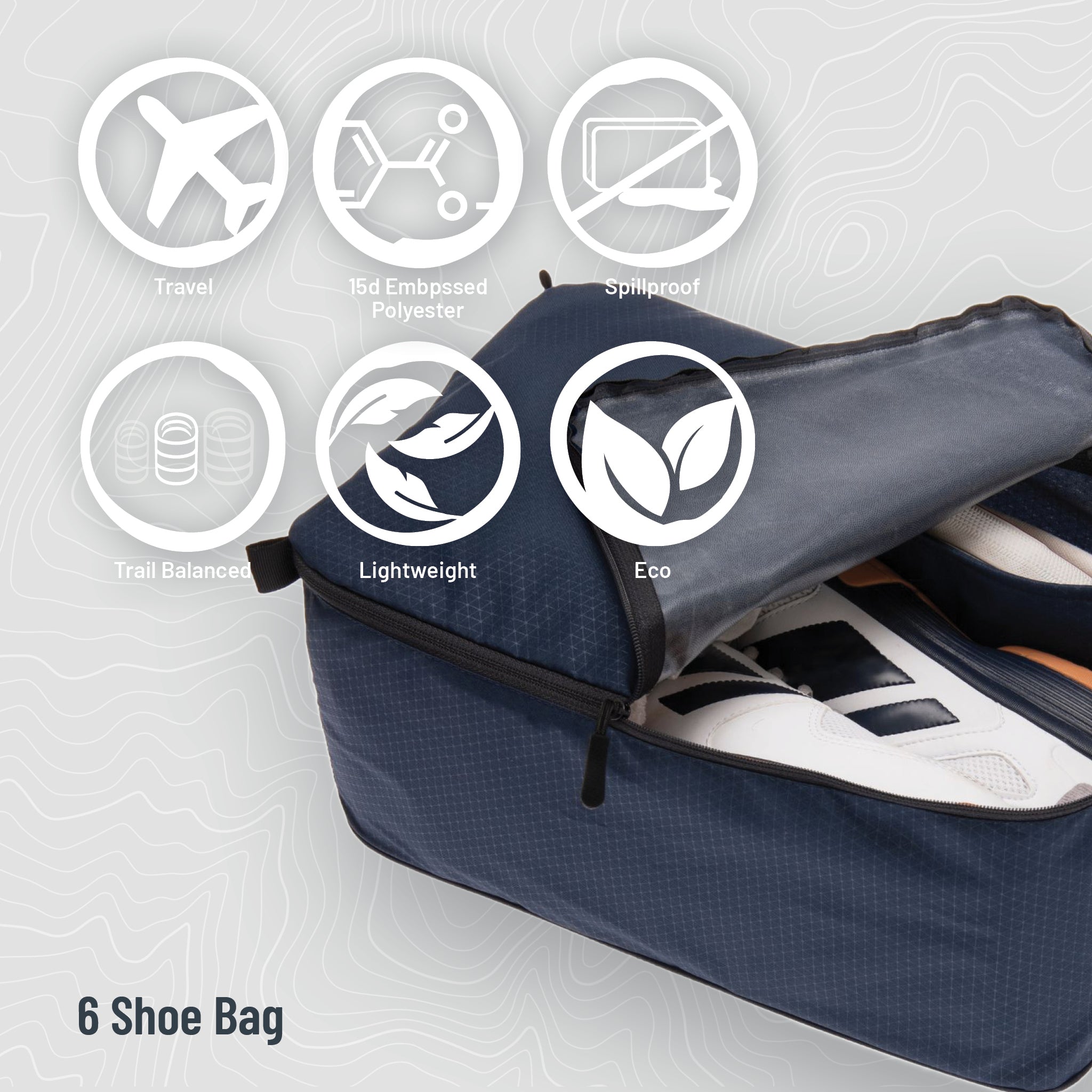 Navy shoe bag with open top showing white sneakers, featuring icons and text on a light gray background.