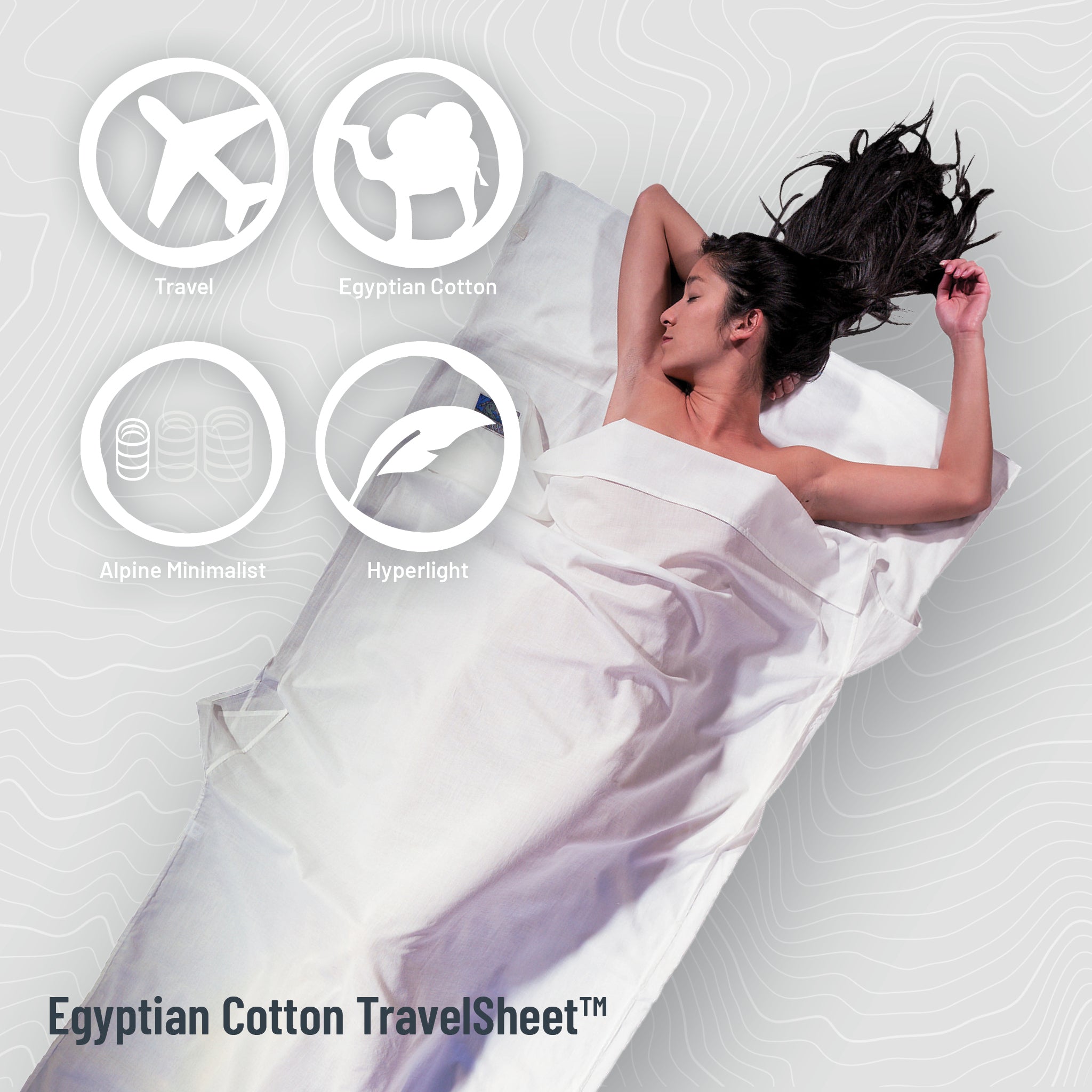 Person lying on a white Egyptian Cotton TravelSheet with product features displayed.