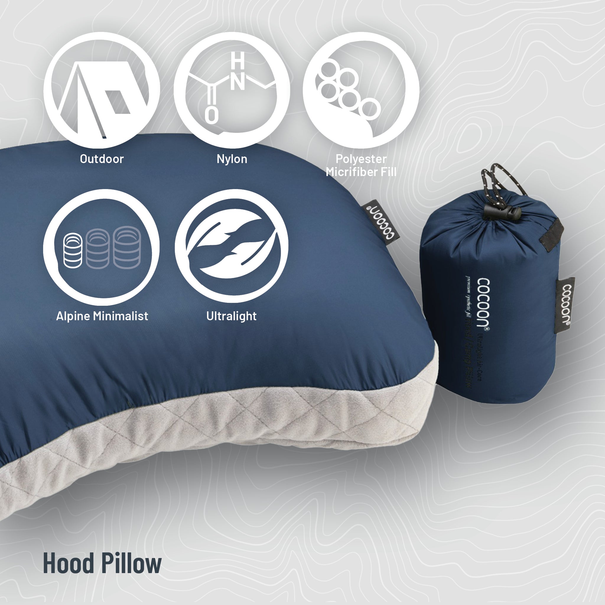Cocoon hood pillow with features and packaging on a light gray background