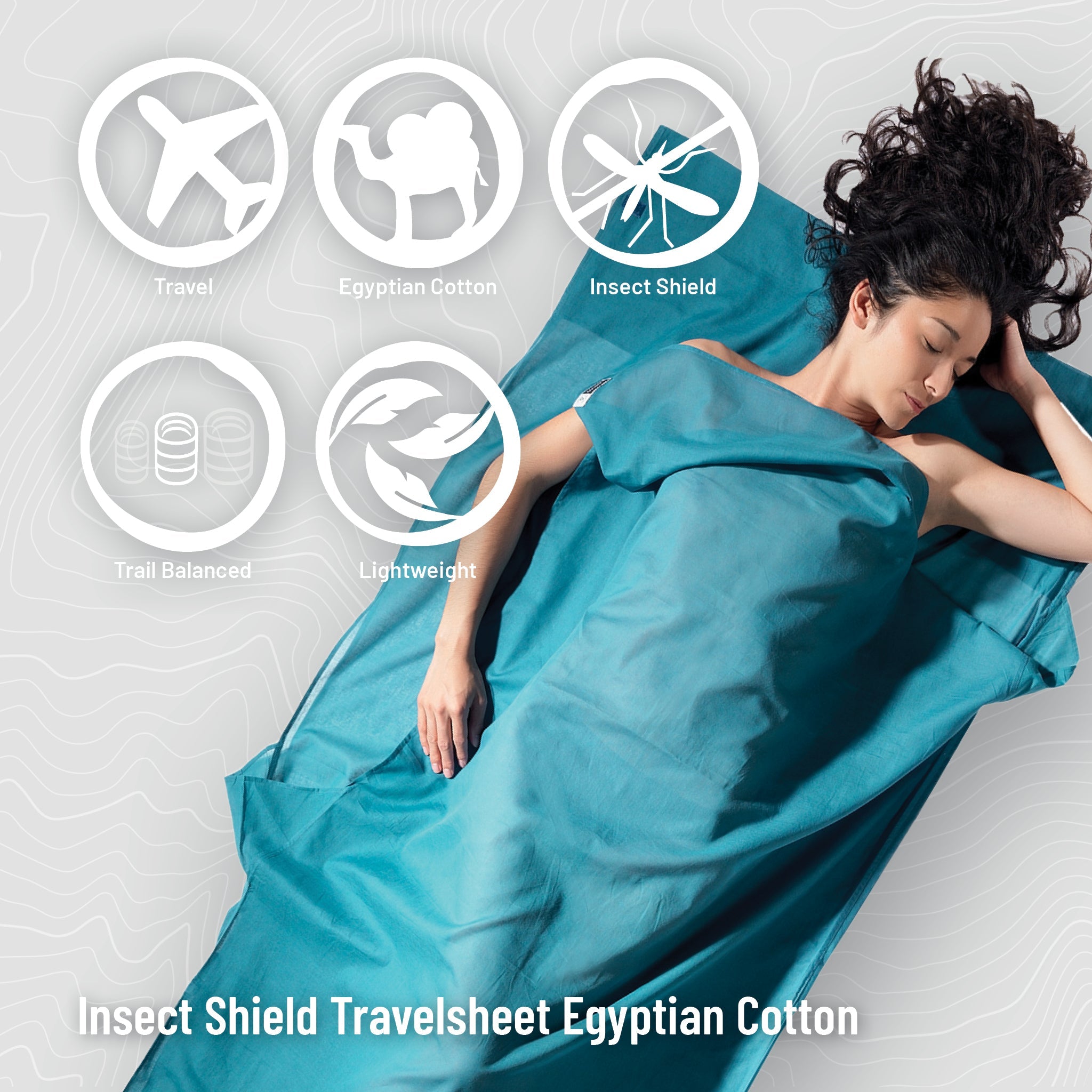 Person lying on a teal insect shield travelsheet with product features displayed.